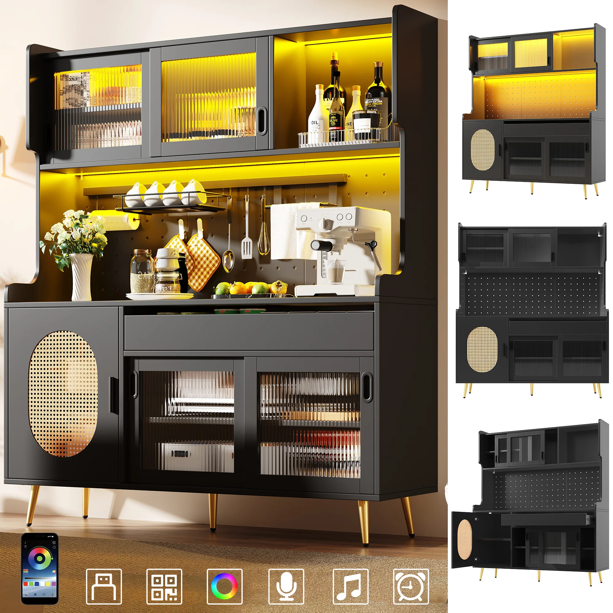 Buffet Cabinet with LED Light Strip and Fluted Glass Doors, Brown and Black - Image 2