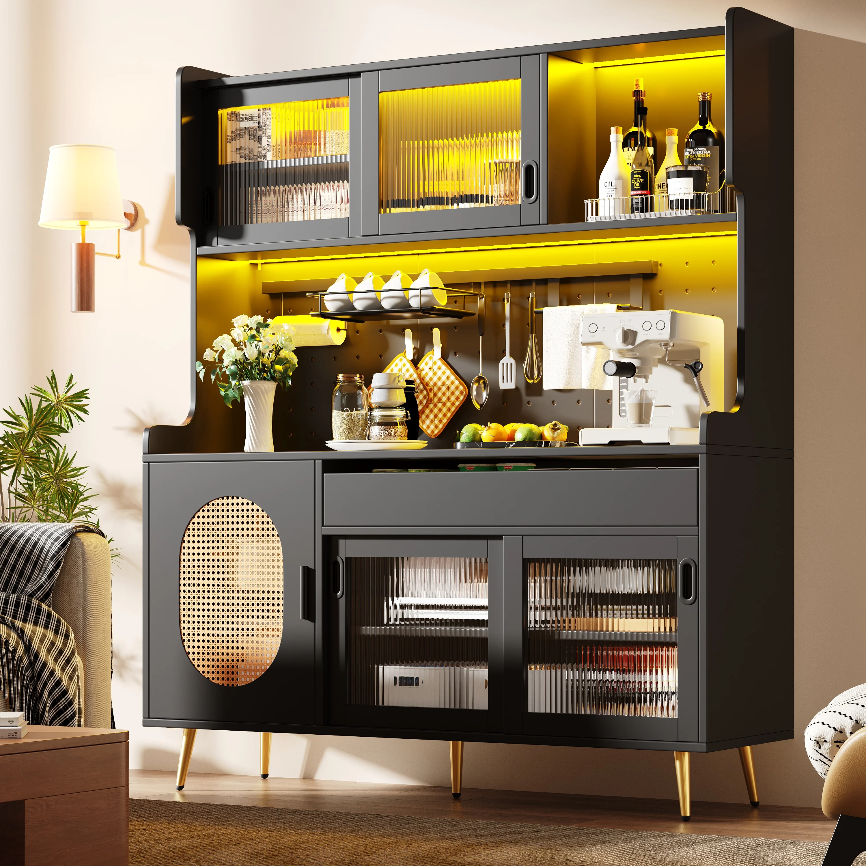 Buffet Cabinet with LED Light Strip and Fluted Glass Doors, Brown and Black - Image 3