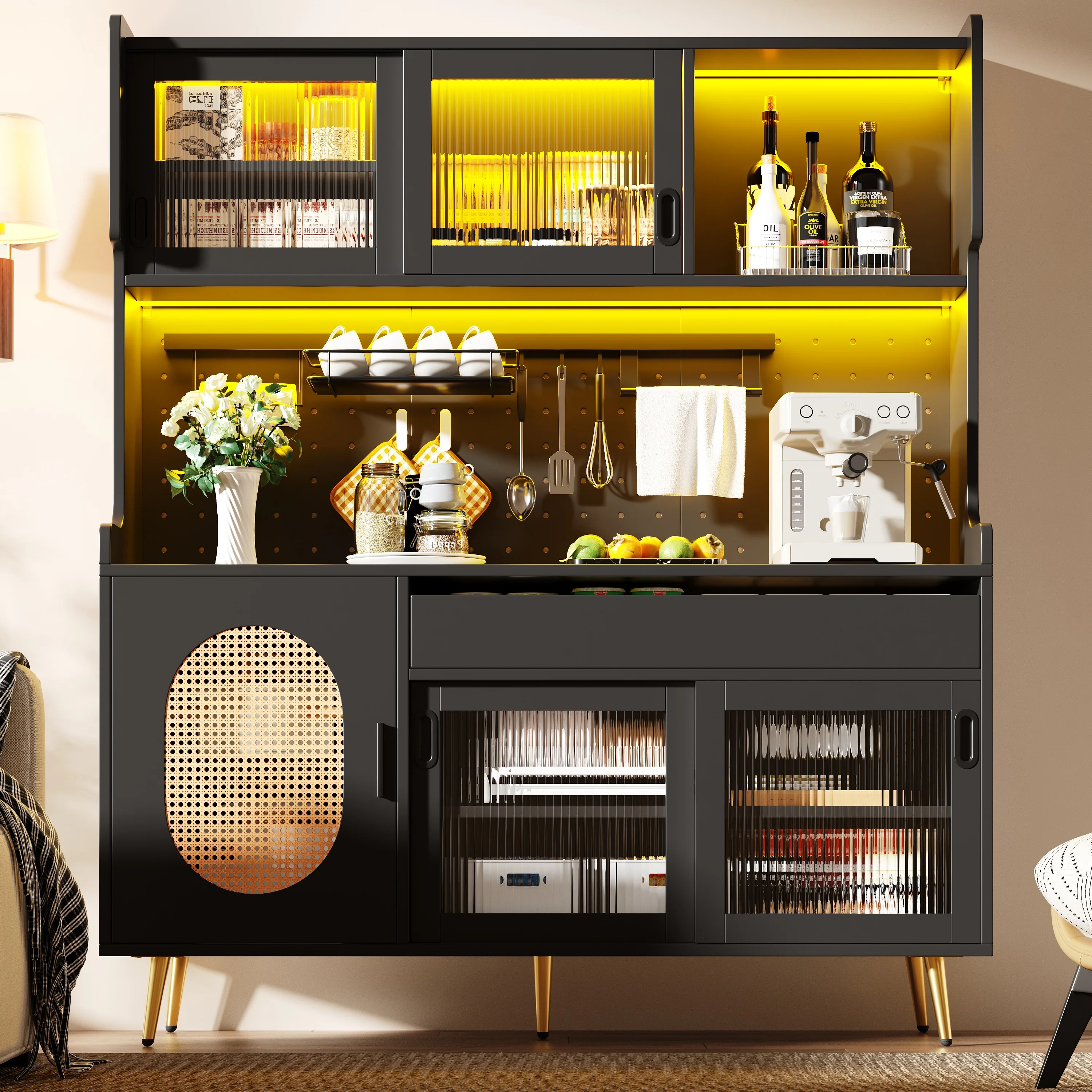 Buffet Cabinet with LED Light Strip and Fluted Glass Doors, Brown and Black - Image 4