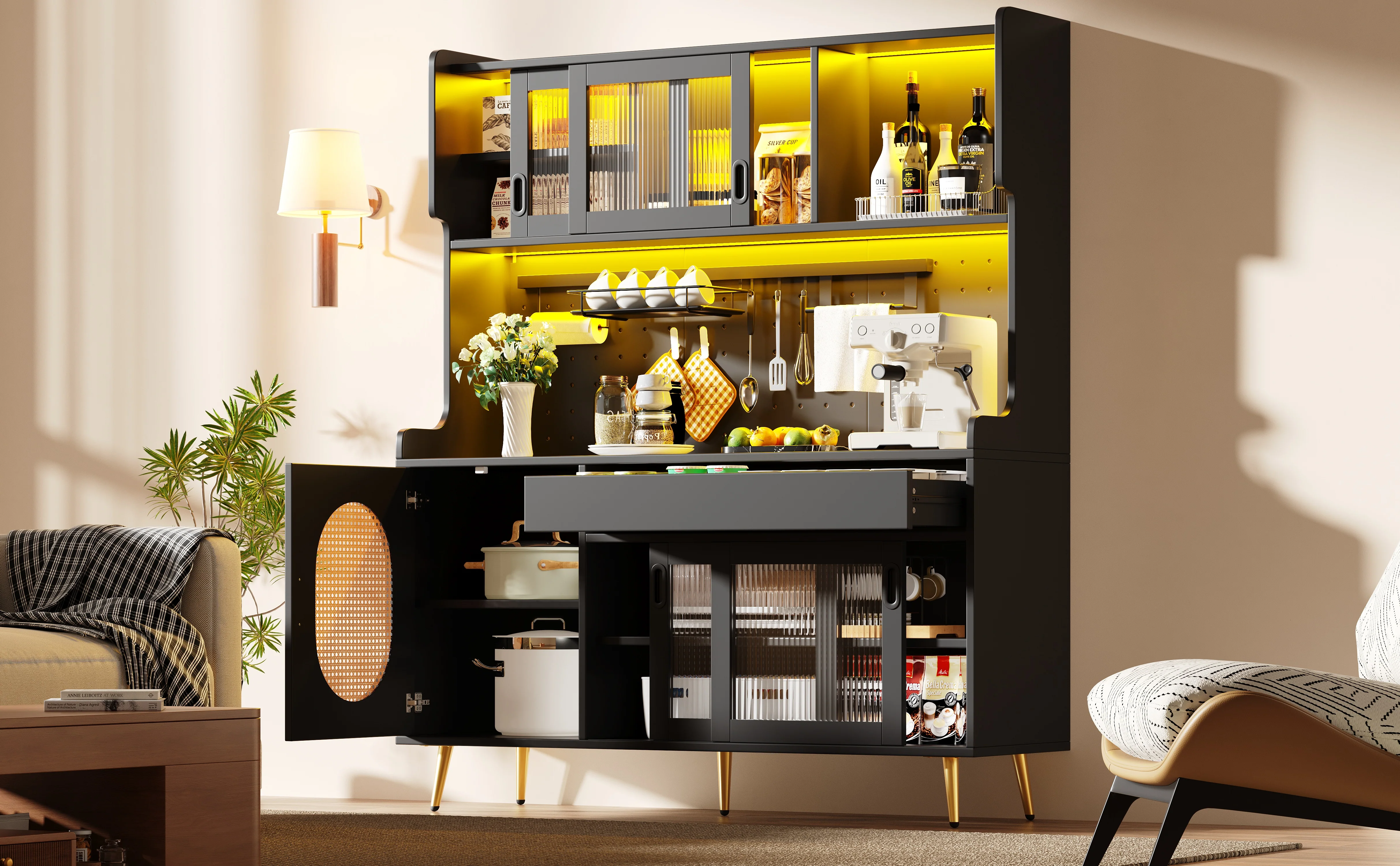 Buffet Cabinet with LED Light Strip and Fluted Glass Doors, Brown and Black - Image 5