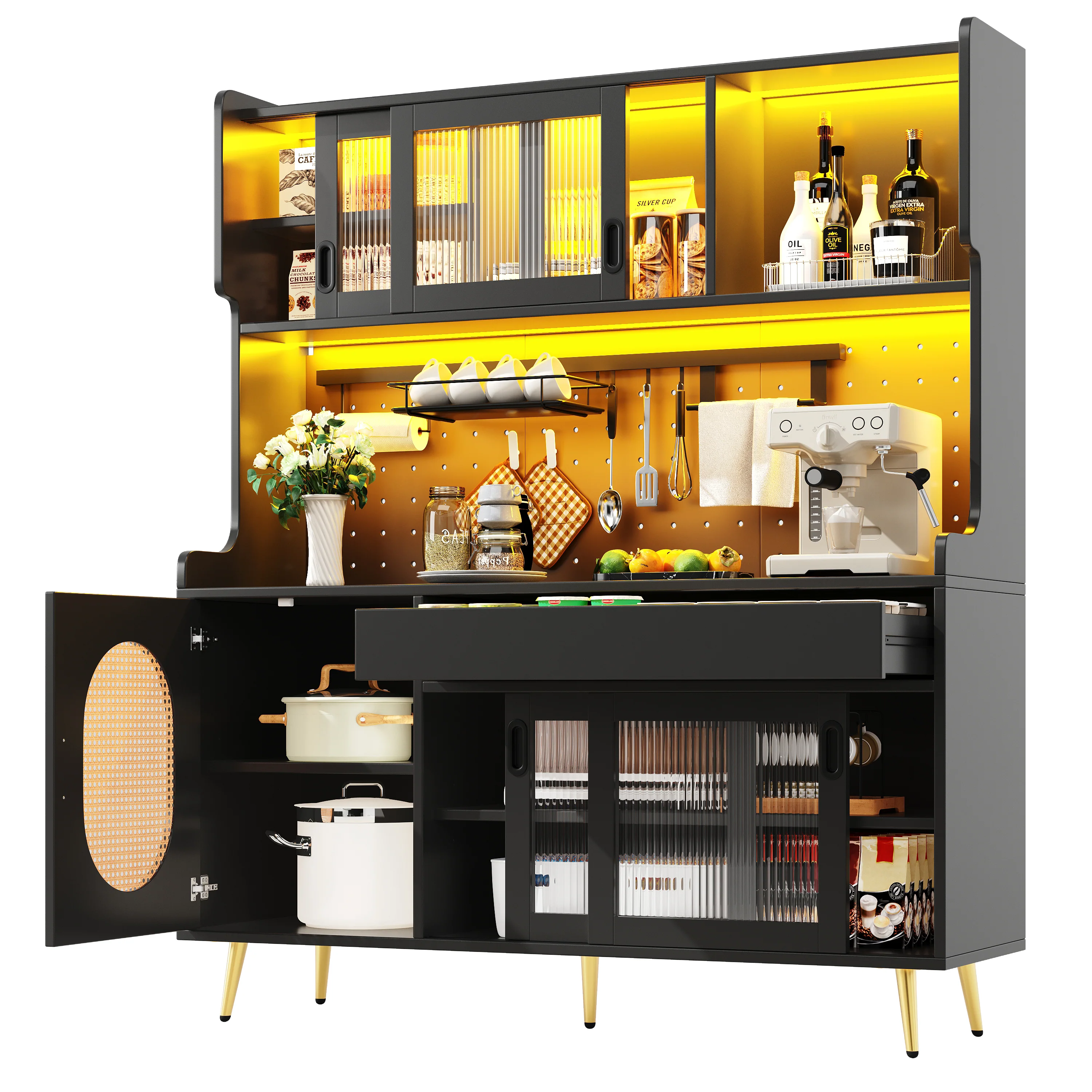 Buffet Cabinet with LED Light Strip and Fluted Glass Doors, Brown and Black - Image 7