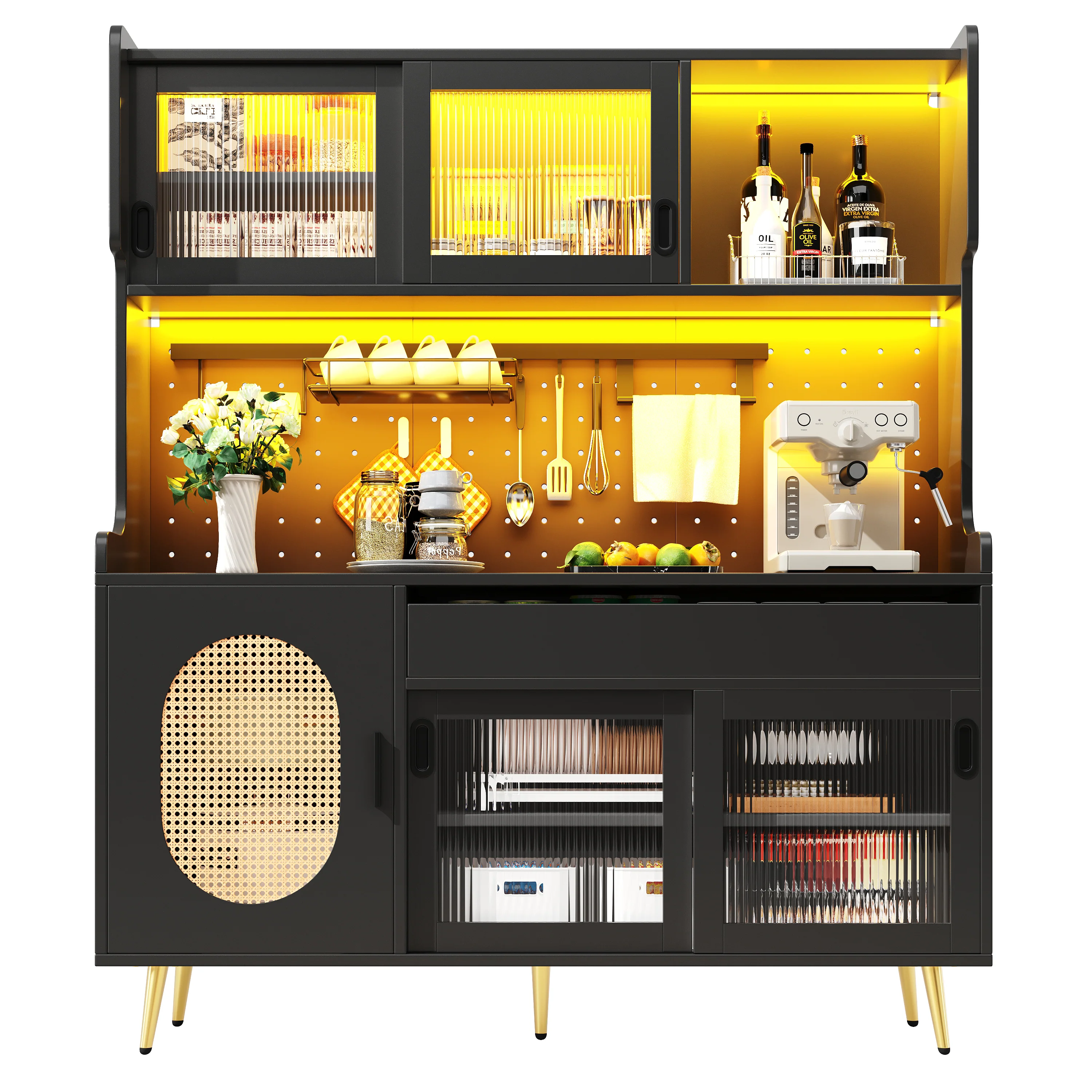 Buffet Cabinet with LED Light Strip and Fluted Glass Doors, Brown and Black - Image 8