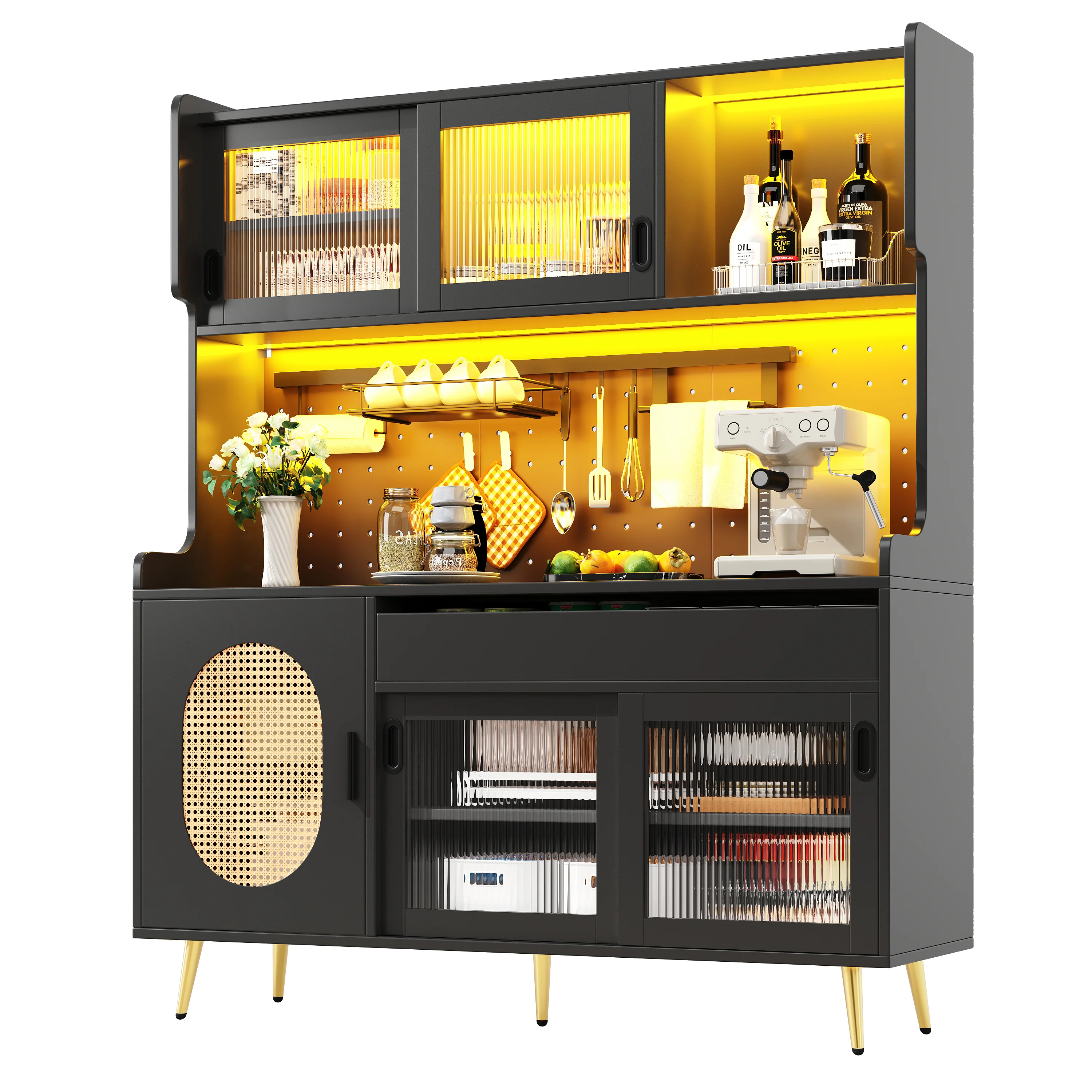 Buffet Cabinet with LED Light Strip and Fluted Glass Doors, Brown and Black - Image 9
