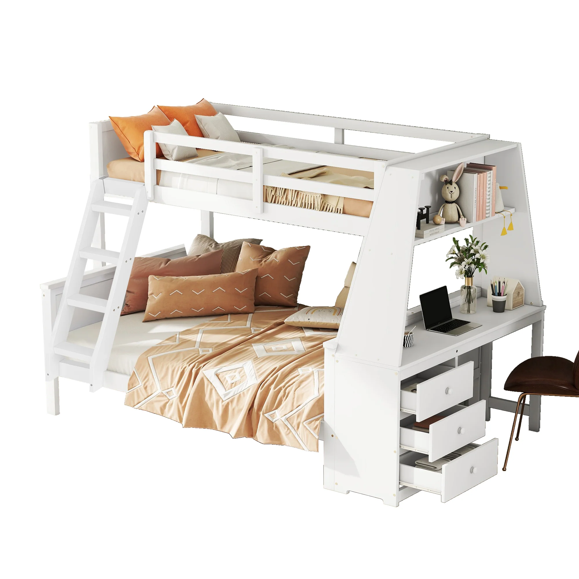 Bunk Bed 90x200cm/140x200cm Table Storage High Railing - White - Image 10
