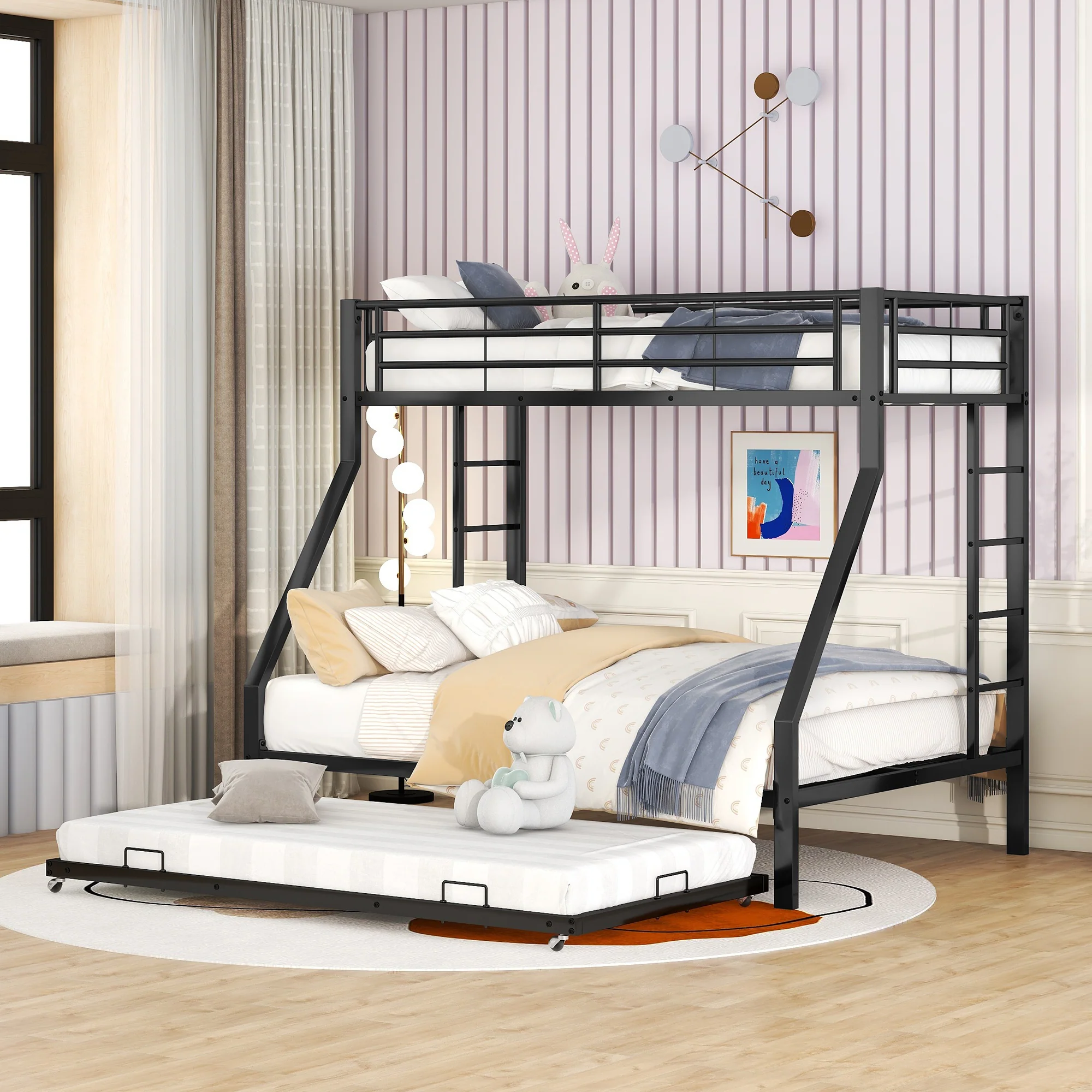 Bunk Bed Metal Pull-out Bed Ladder 90(140)x200cm - Black