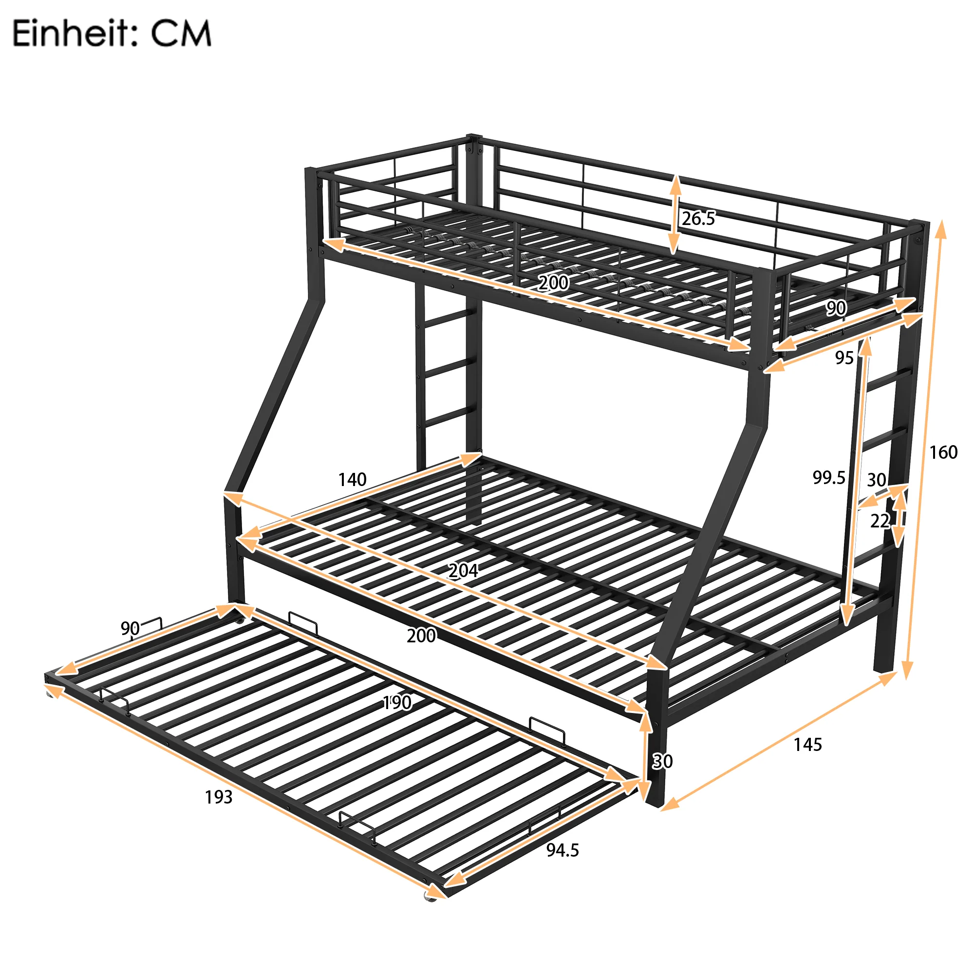 Bunk Bed Metal Pull-out Bed Ladder 90(140)x200cm - Black - Image 4