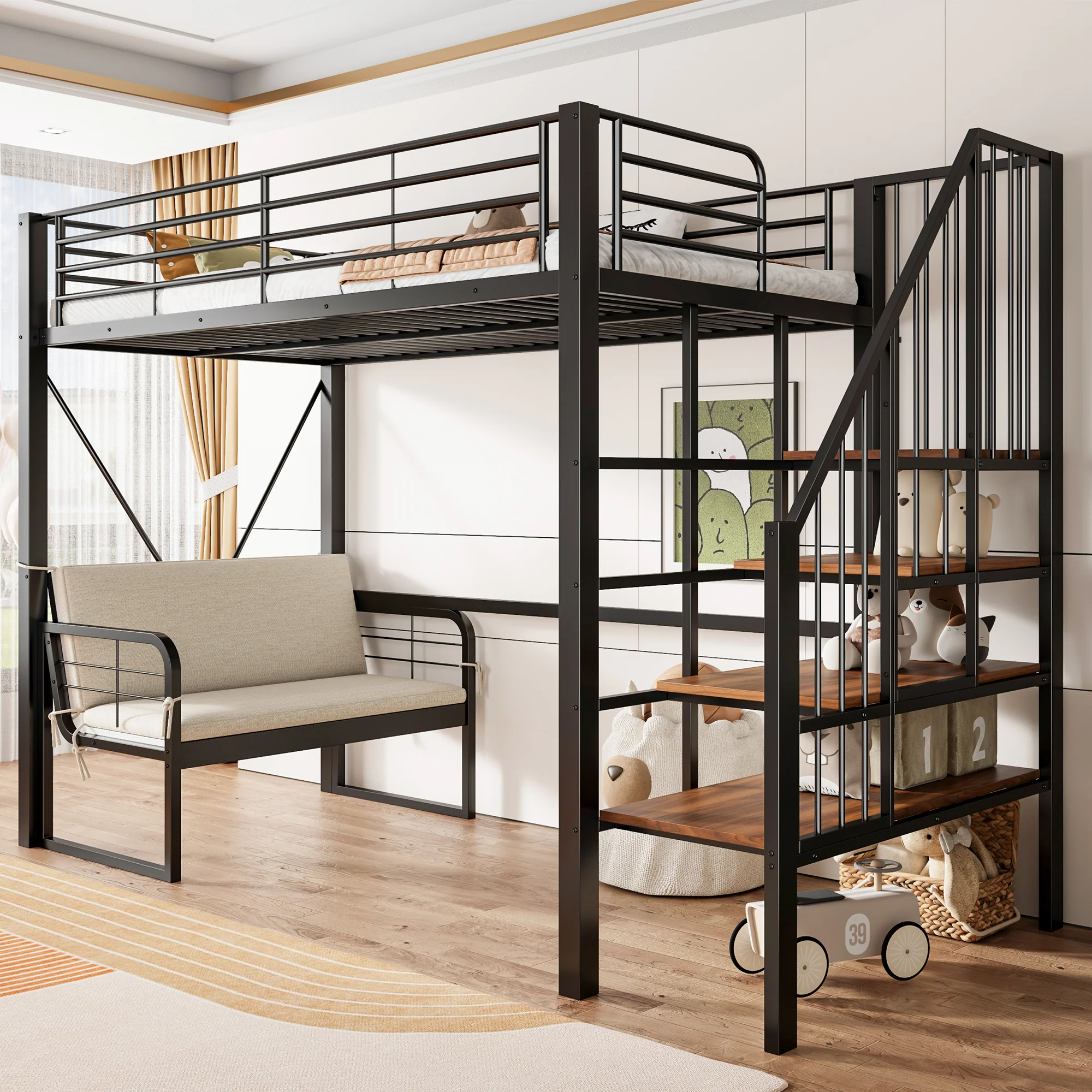 Bunk Bed with Removable Sofa, Storage and Safety Stairs, 90x200cm, Black Metal