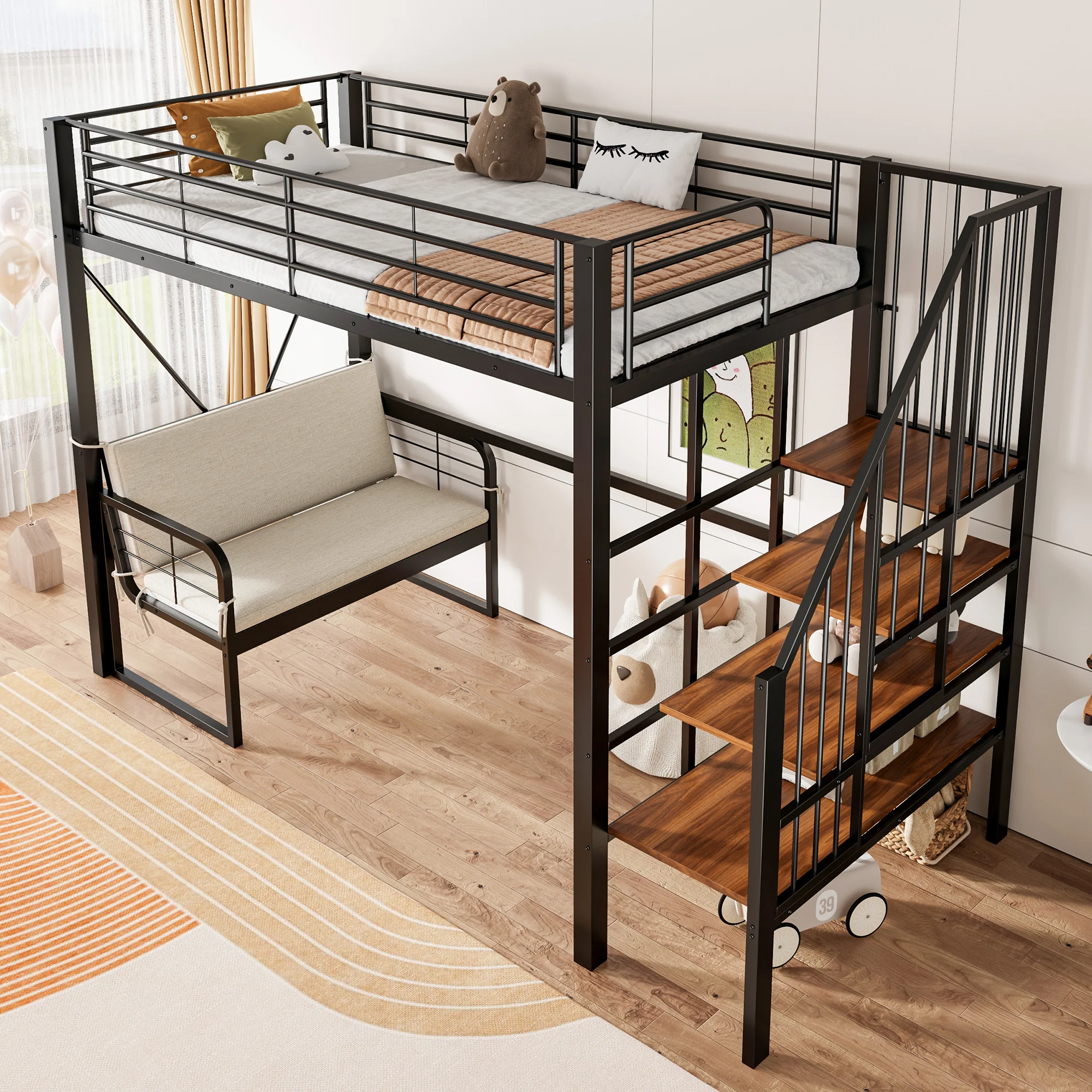Bunk Bed with Removable Sofa, Storage and Safety Stairs, 90x200cm, Black Metal - Image 2