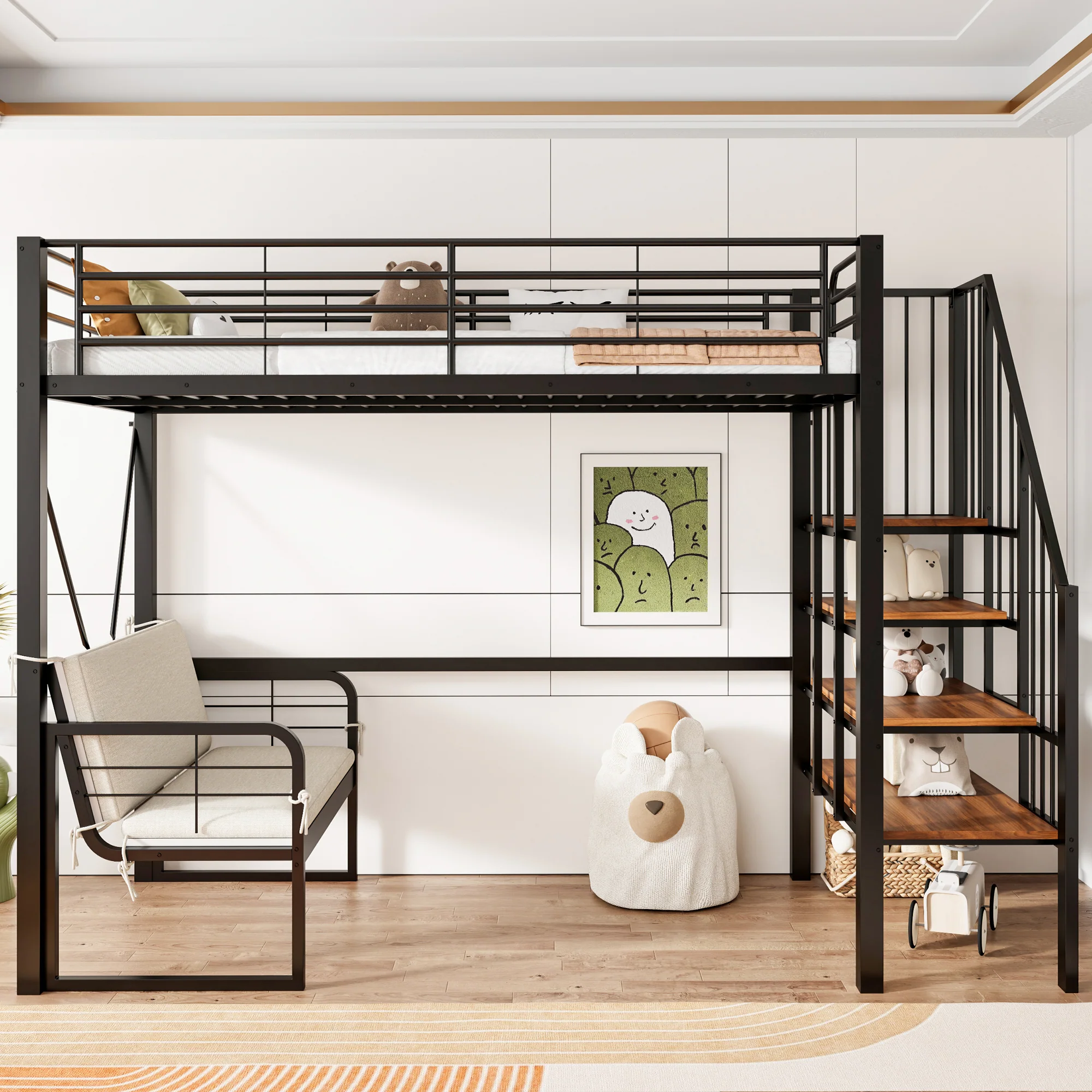 Bunk Bed with Removable Sofa, Storage and Safety Stairs, 90x200cm, Black Metal - Image 3