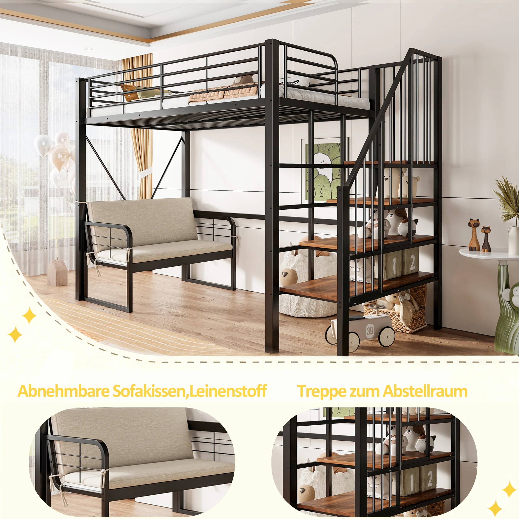 Bunk Bed with Removable Sofa, Storage and Safety Stairs, 90x200cm, Black Metal - Image 4