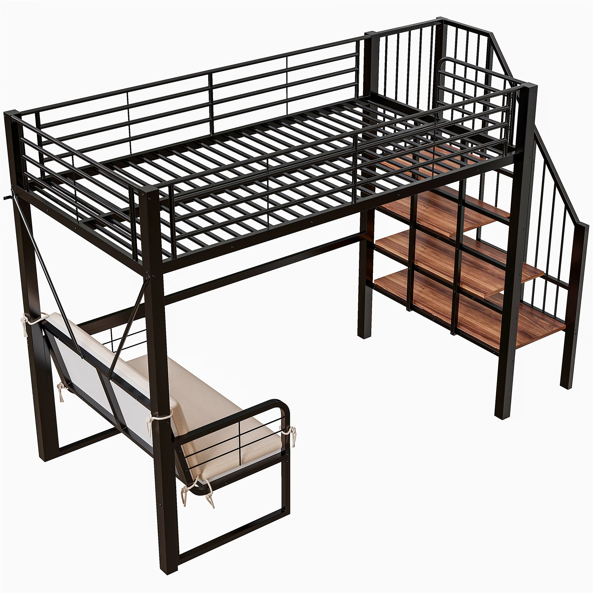 Bunk Bed with Removable Sofa, Storage and Safety Stairs, 90x200cm, Black Metal - Image 5