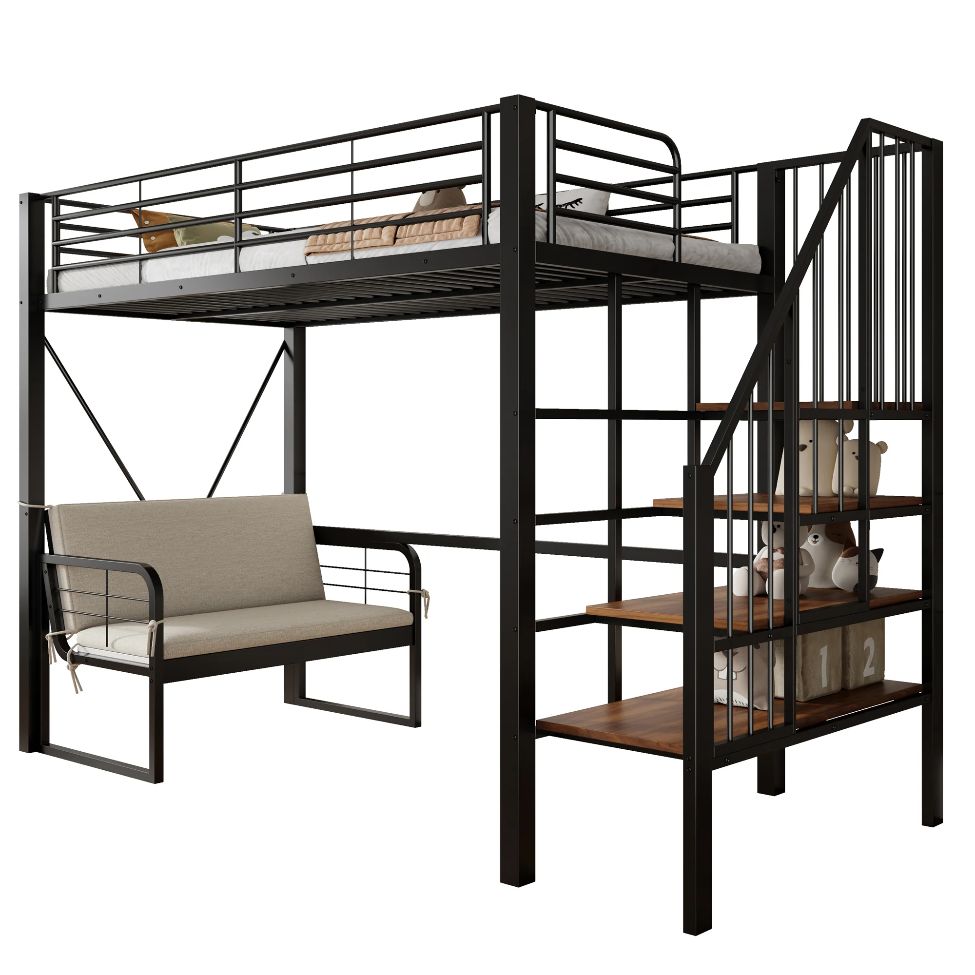 Bunk Bed with Removable Sofa, Storage and Safety Stairs, 90x200cm, Black Metal - Image 8