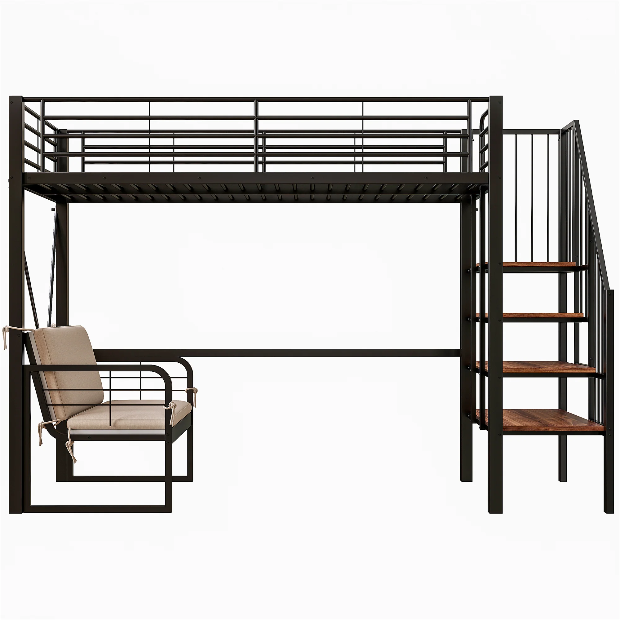 Bunk Bed with Removable Sofa, Storage and Safety Stairs, 90x200cm, Black Metal - Image 9