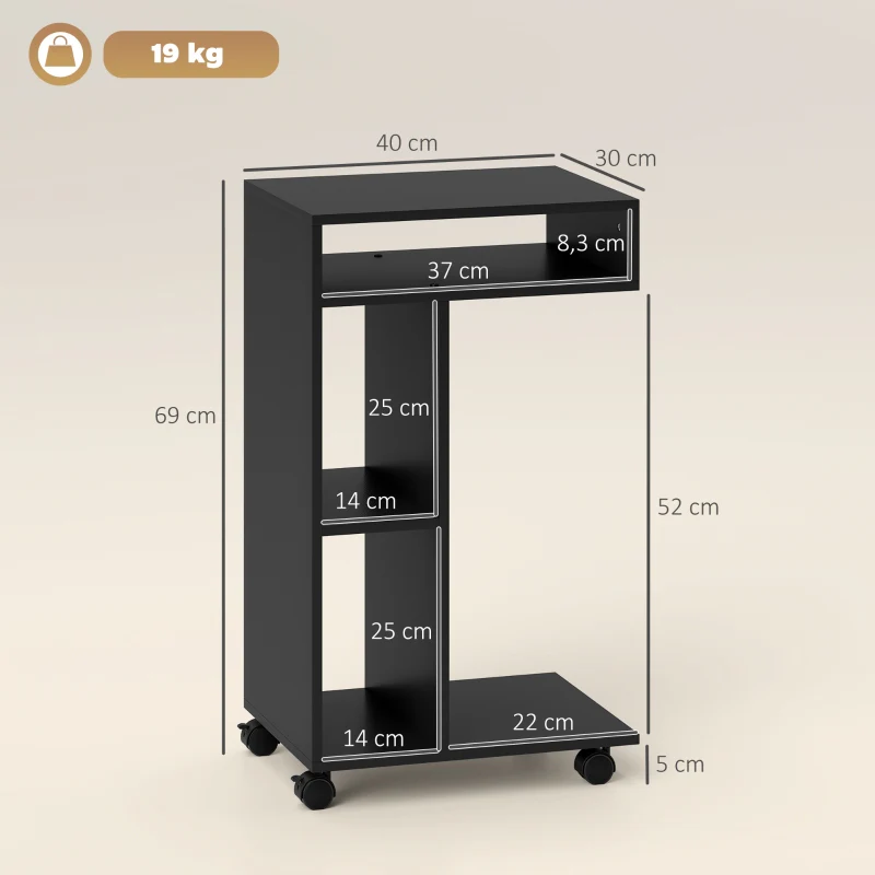 C-Shaped Serving Trolley 40x30x69cm 4 Wheels 3 Compartments - Black - Image 3