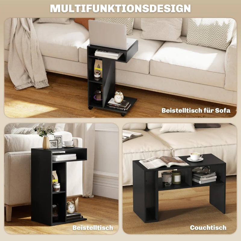 C-Shaped Serving Trolley 40x30x69cm 4 Wheels 3 Compartments - Black - Image 5