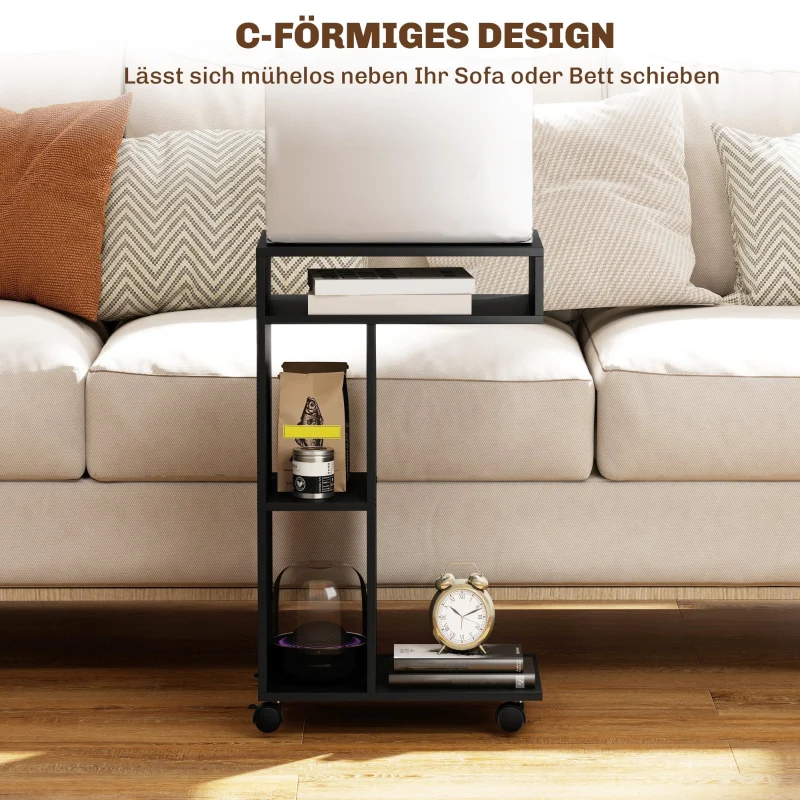 C-Shaped Serving Trolley 40x30x69cm 4 Wheels 3 Compartments - Black - Image 6