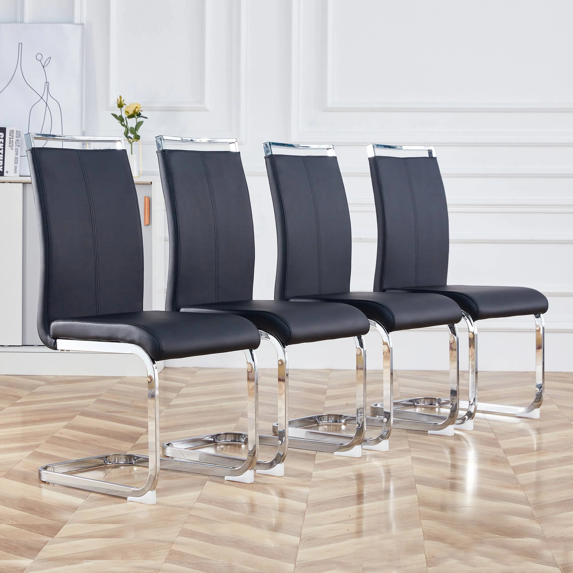 Cantilever Chair Set of 4, Padded Faux Leather Chrome Metal Frame 120kg, Black - Image 2
