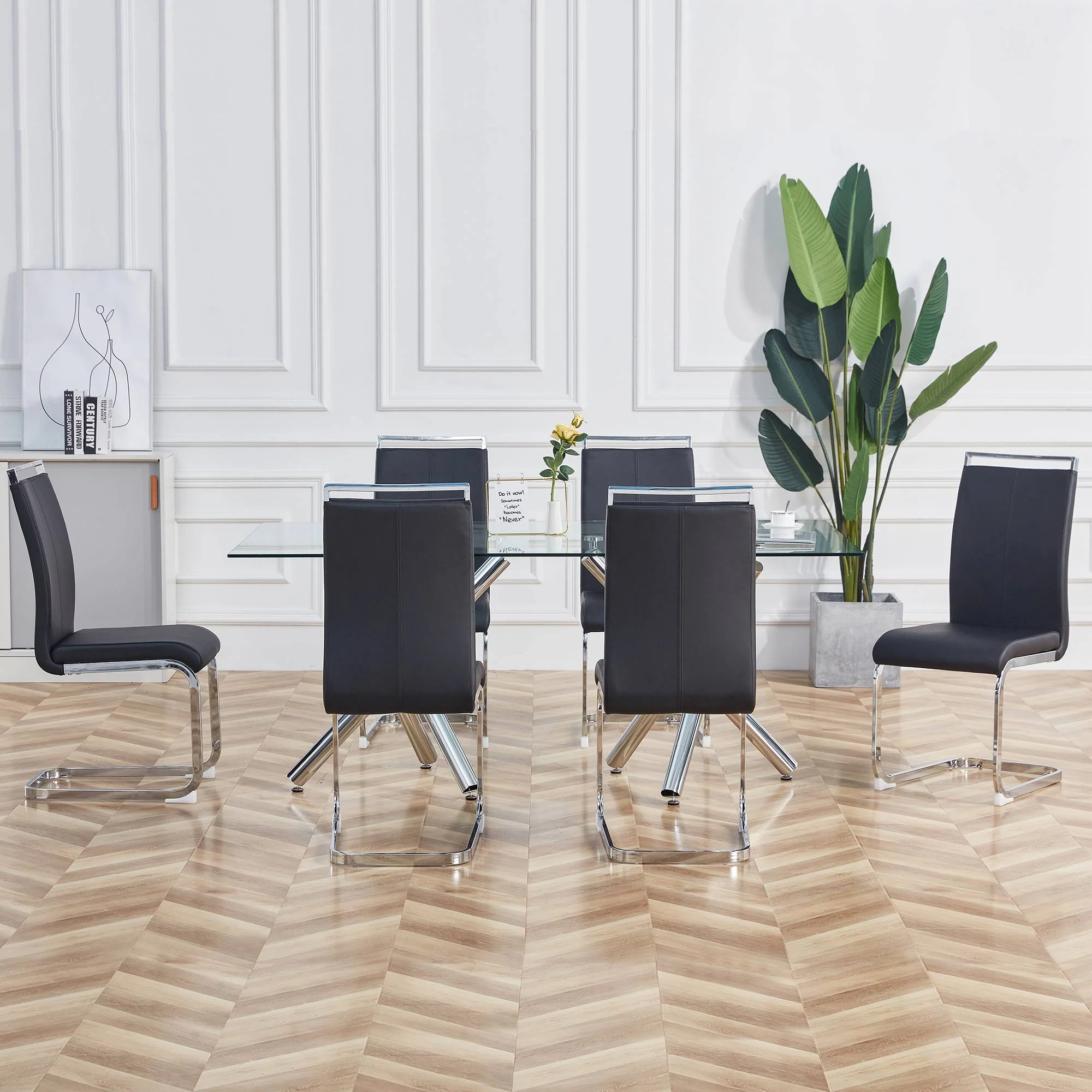 Cantilever Chair Set of 4, Padded Faux Leather Chrome Metal Frame 120kg, Black - Image 3