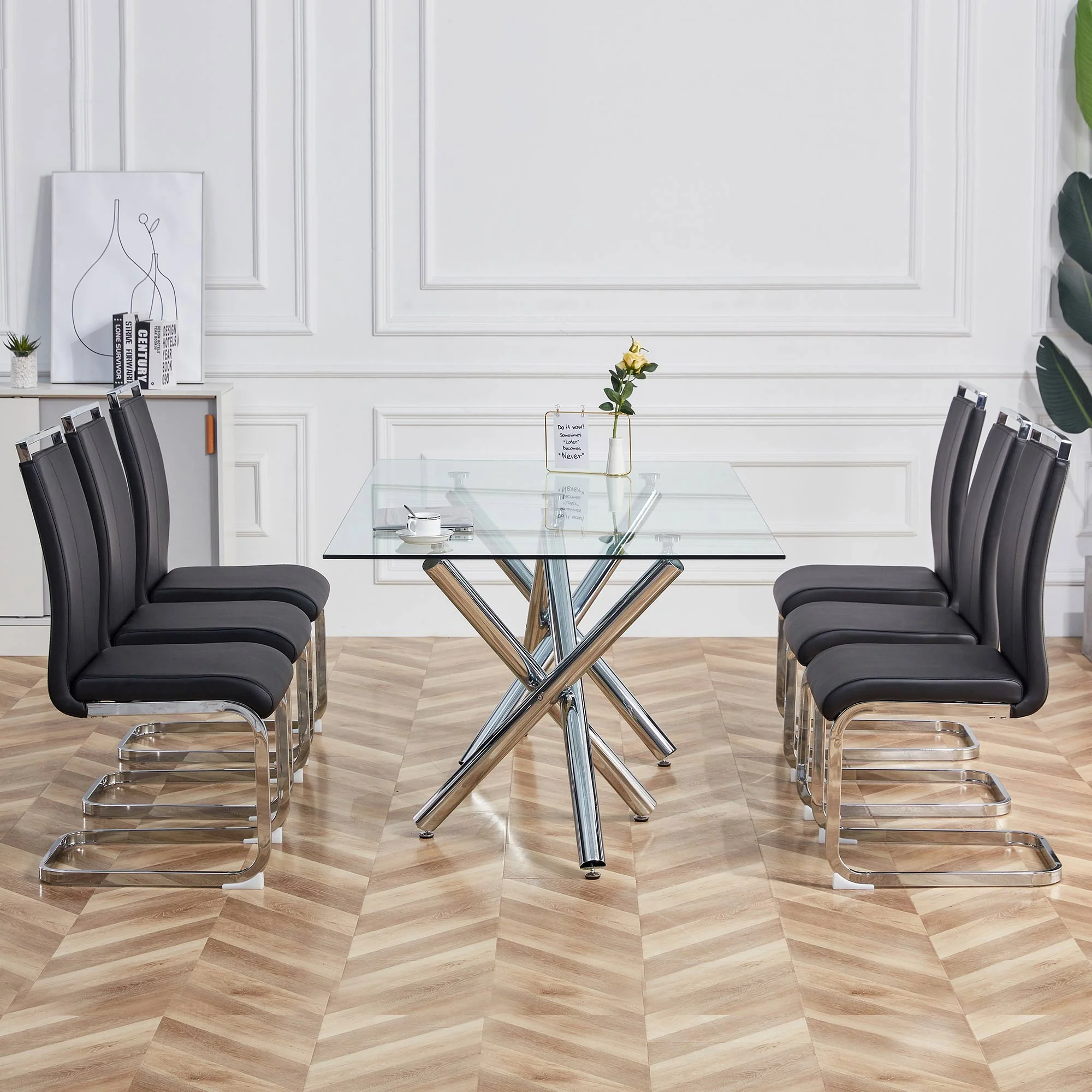 Cantilever Chair Set of 4, Padded Faux Leather Chrome Metal Frame 120kg, Black - Image 4