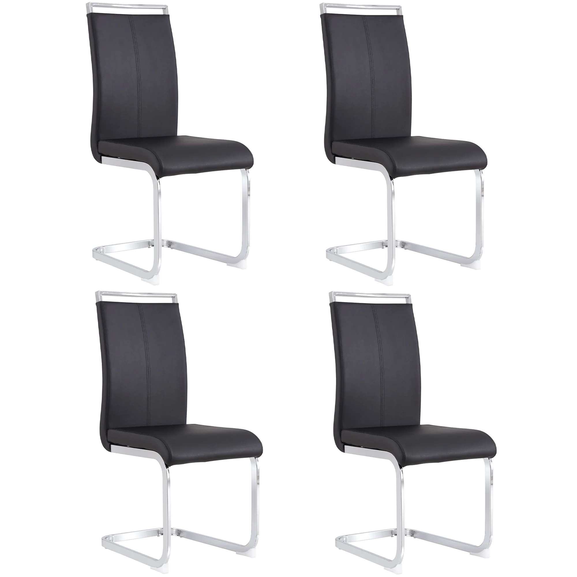 Cantilever Chair Set of 4, Padded Faux Leather Chrome Metal Frame 120kg, Black - Image 5