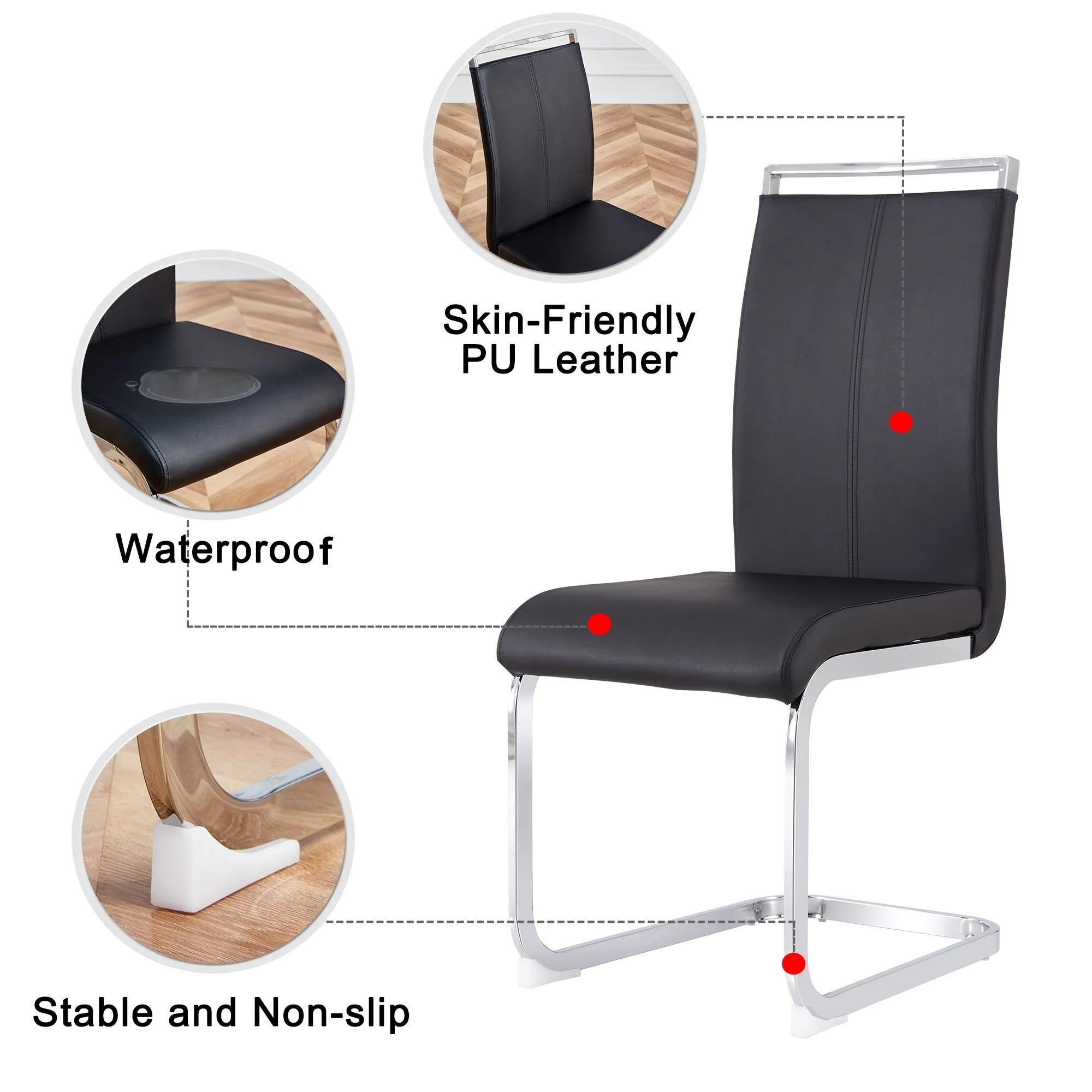 Cantilever Chair Set of 4, Padded Faux Leather Chrome Metal Frame 120kg, Black - Image 6