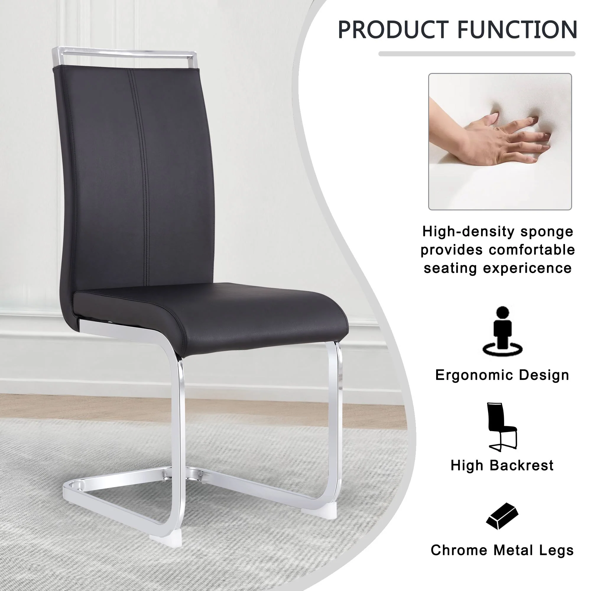 Cantilever Chair Set of 4, Padded Faux Leather Chrome Metal Frame 120kg, Black - Image 7