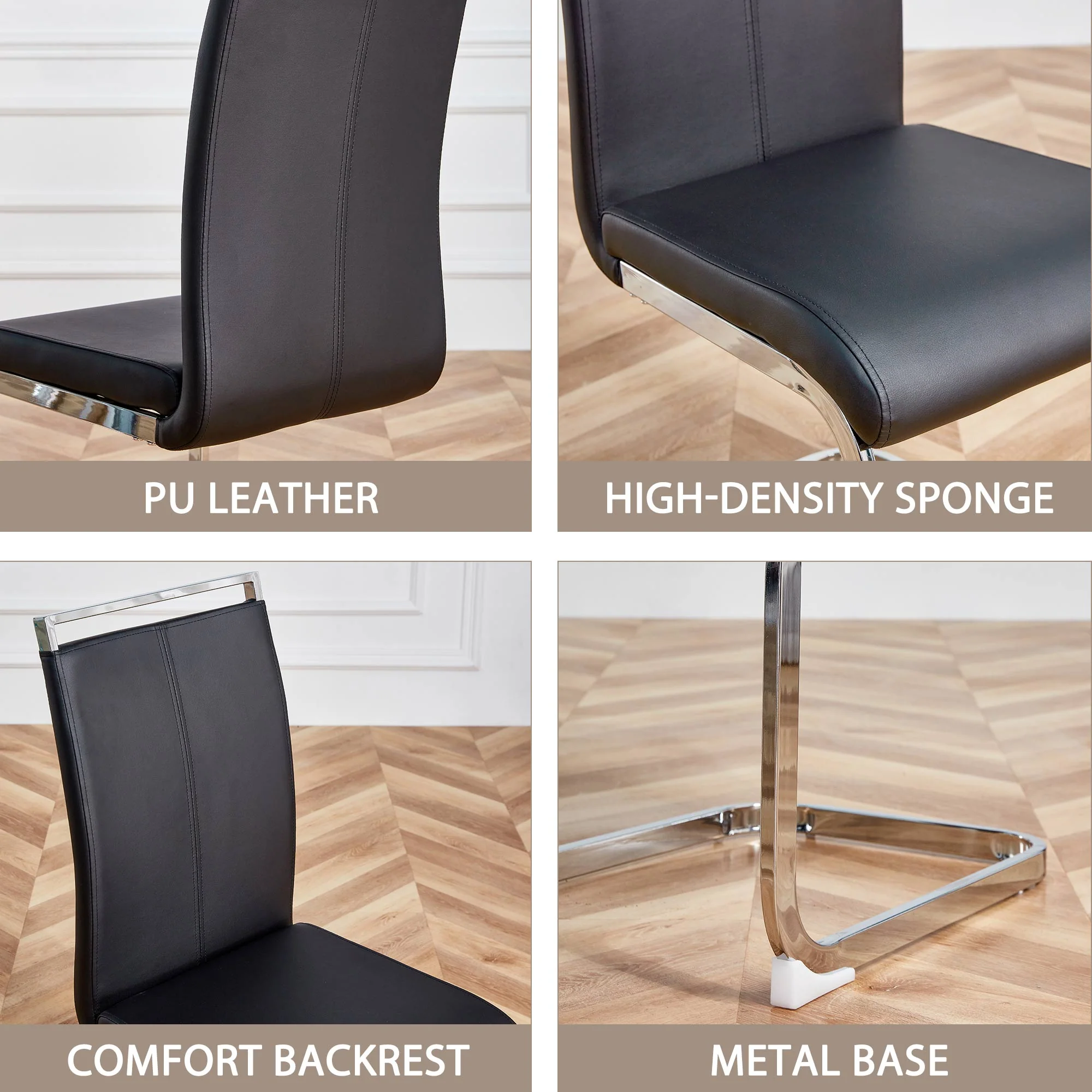 Cantilever Chair Set of 4, Padded Faux Leather Chrome Metal Frame 120kg, Black - Image 8