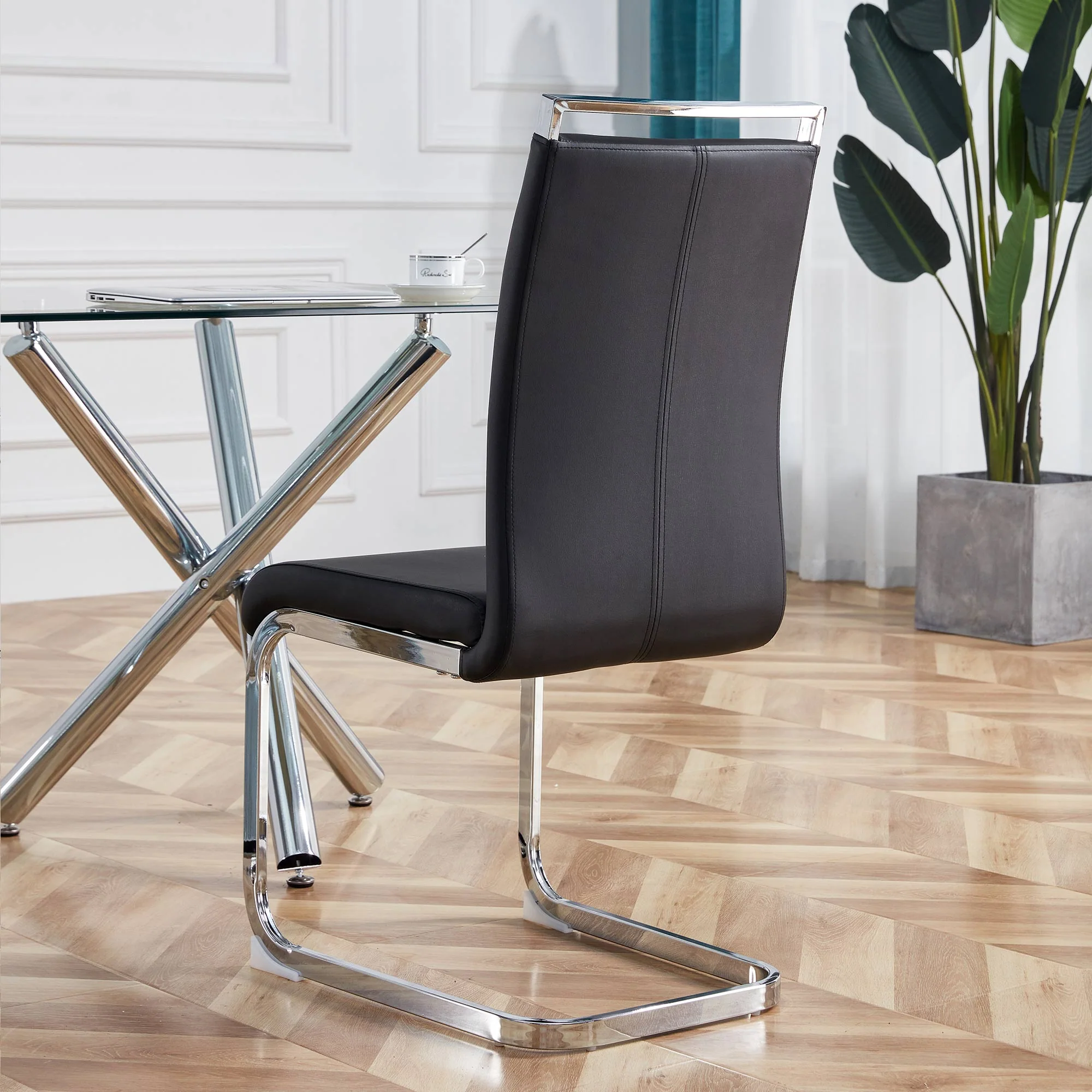 Cantilever Chair Set of 4, Padded Faux Leather Chrome Metal Frame 120kg, Black - Image 9
