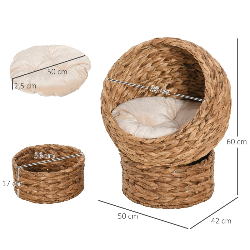 Cat Basket, Cave Hut Bed with Cushion, Water Hyacinth Brown - Image 3