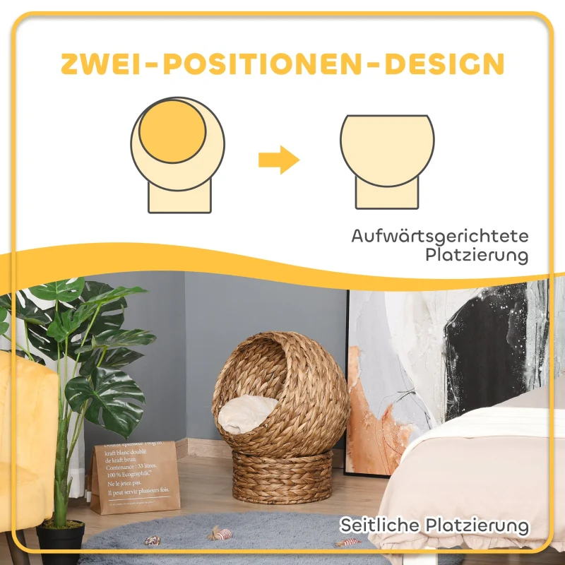 Cat Basket, Cave Hut Bed with Cushion, Water Hyacinth Brown - Image 4