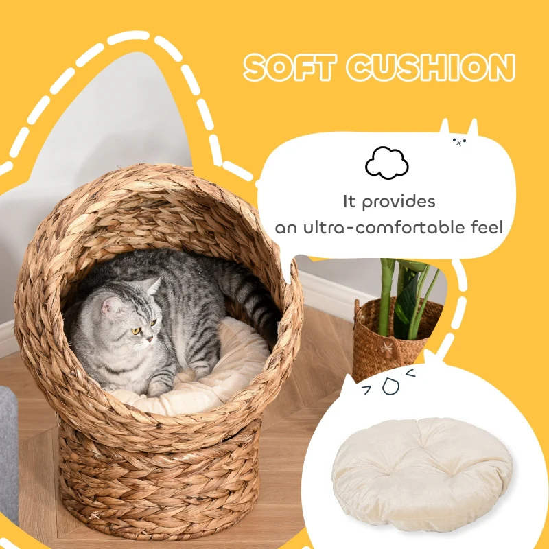 Cat Basket, Cave Hut Bed with Cushion, Water Hyacinth Brown - Image 6