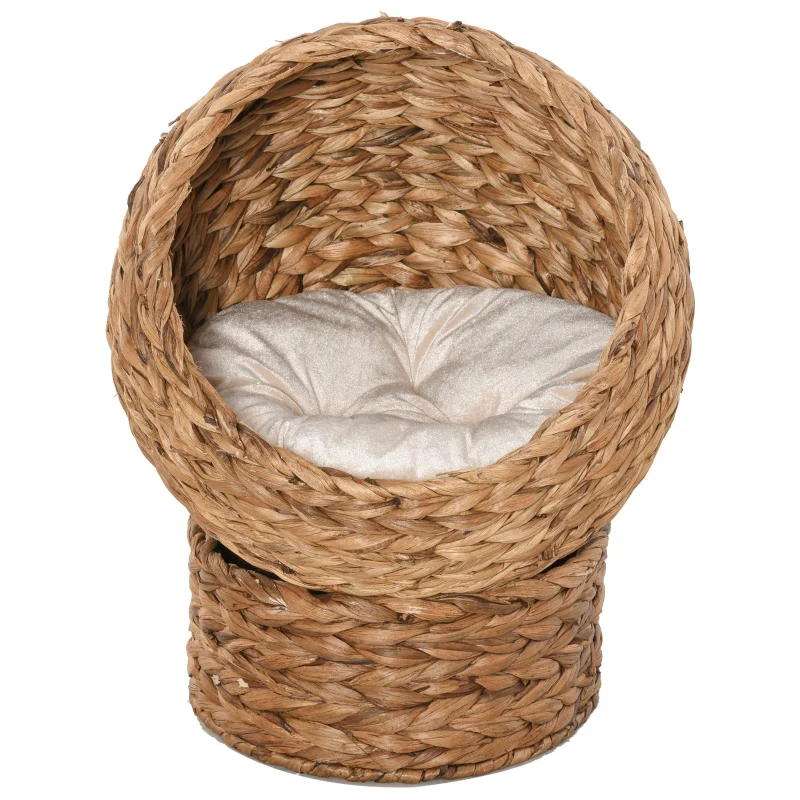 Cat Basket, Cave Hut Bed with Cushion, Water Hyacinth Brown - Image 8