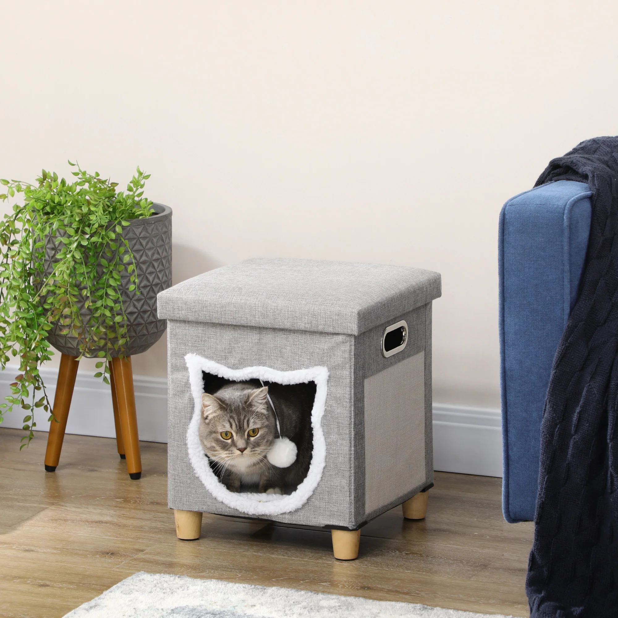 Cat Cave Ottoman, Cushion, Scratching Mat, Grey Polyester