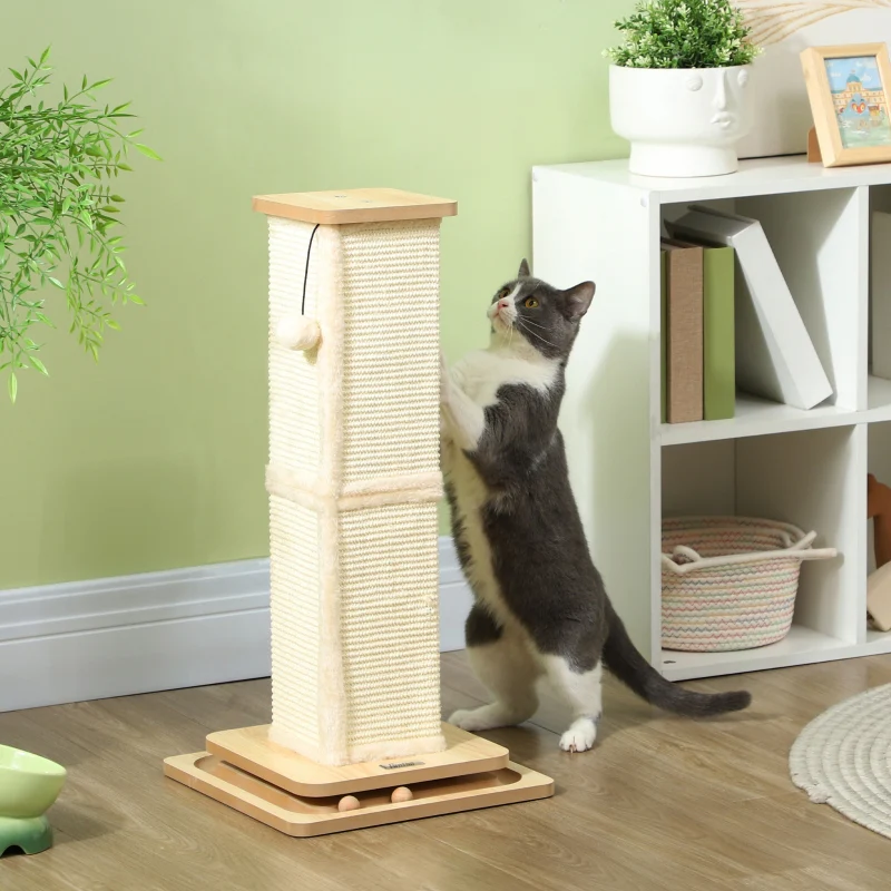 Cat Scratching Post 3-in-1, 67cm w/ Track Ball Toy, Oak Tone - Image 2