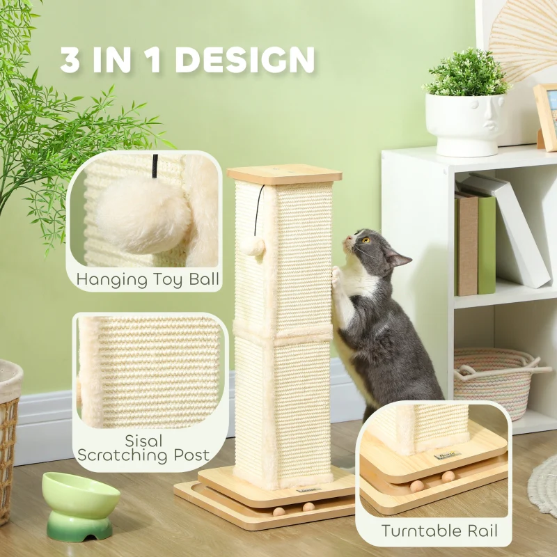 Cat Scratching Post 3-in-1, 67cm w/ Track Ball Toy, Oak Tone - Image 4