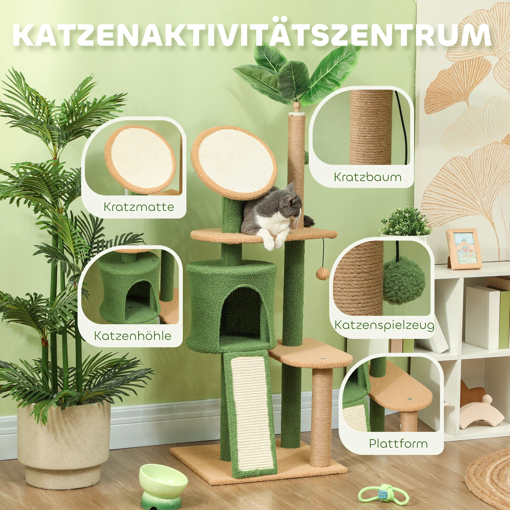 Cat Tree 139cm, with Cat Cave, Sisal Scratching Posts, Green - Image 5