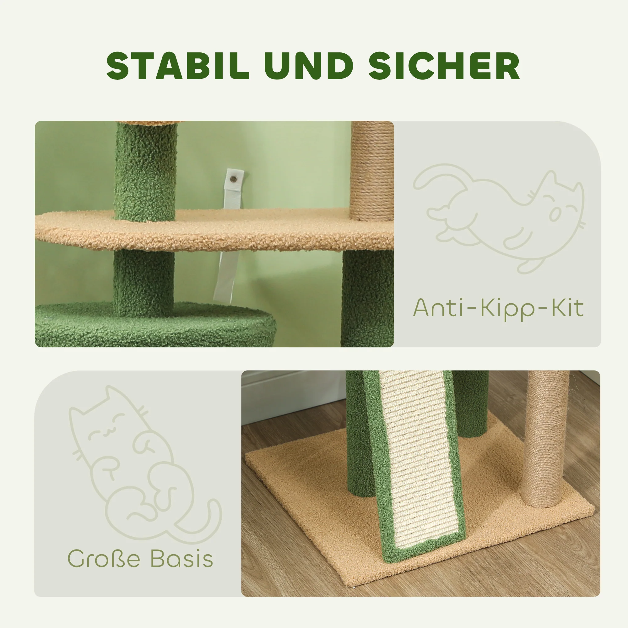 Cat Tree 139cm, with Cat Cave, Sisal Scratching Posts, Green - Image 6
