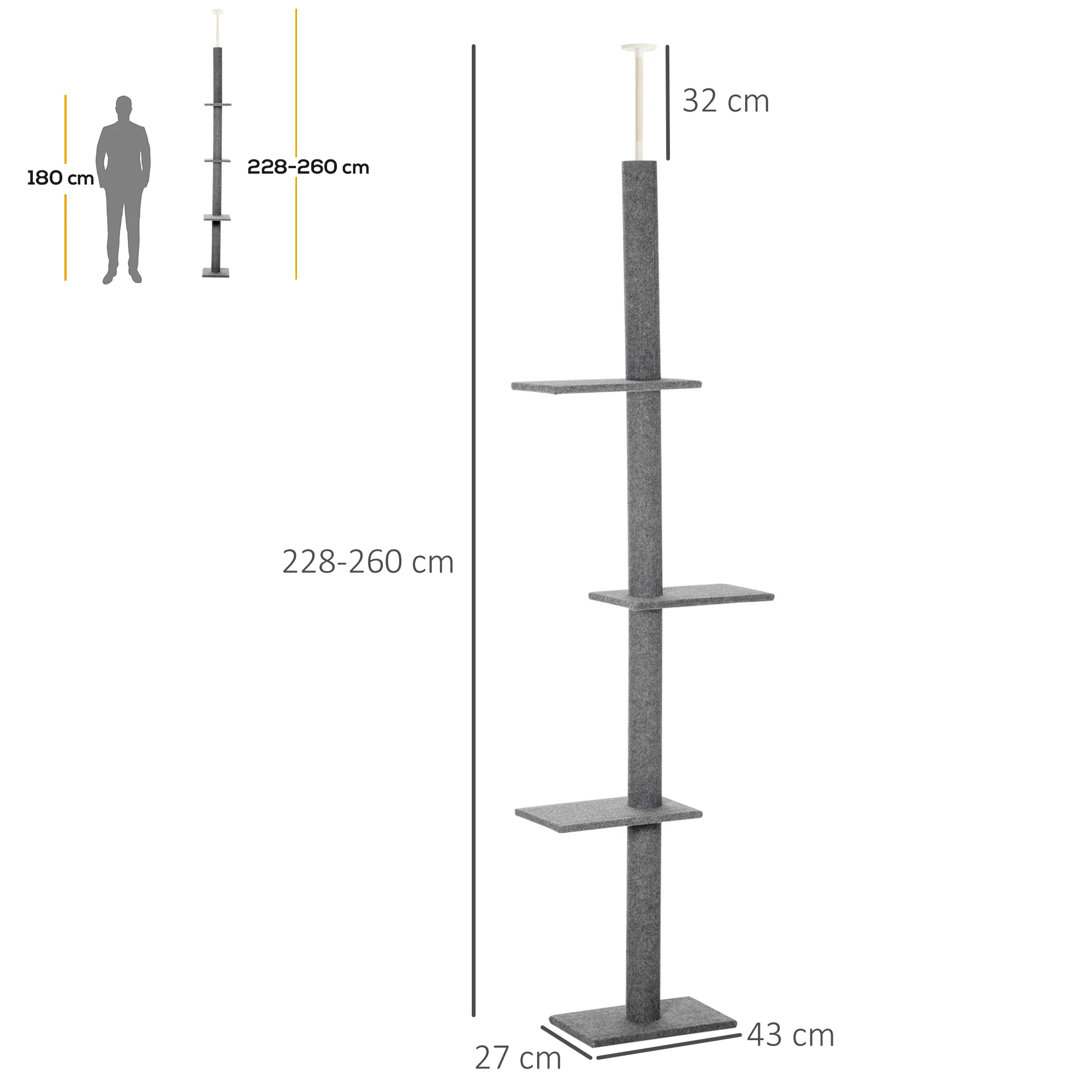 Cat Tree, Height-Adjustable Ceiling-High Climbing, Gray - Image 3