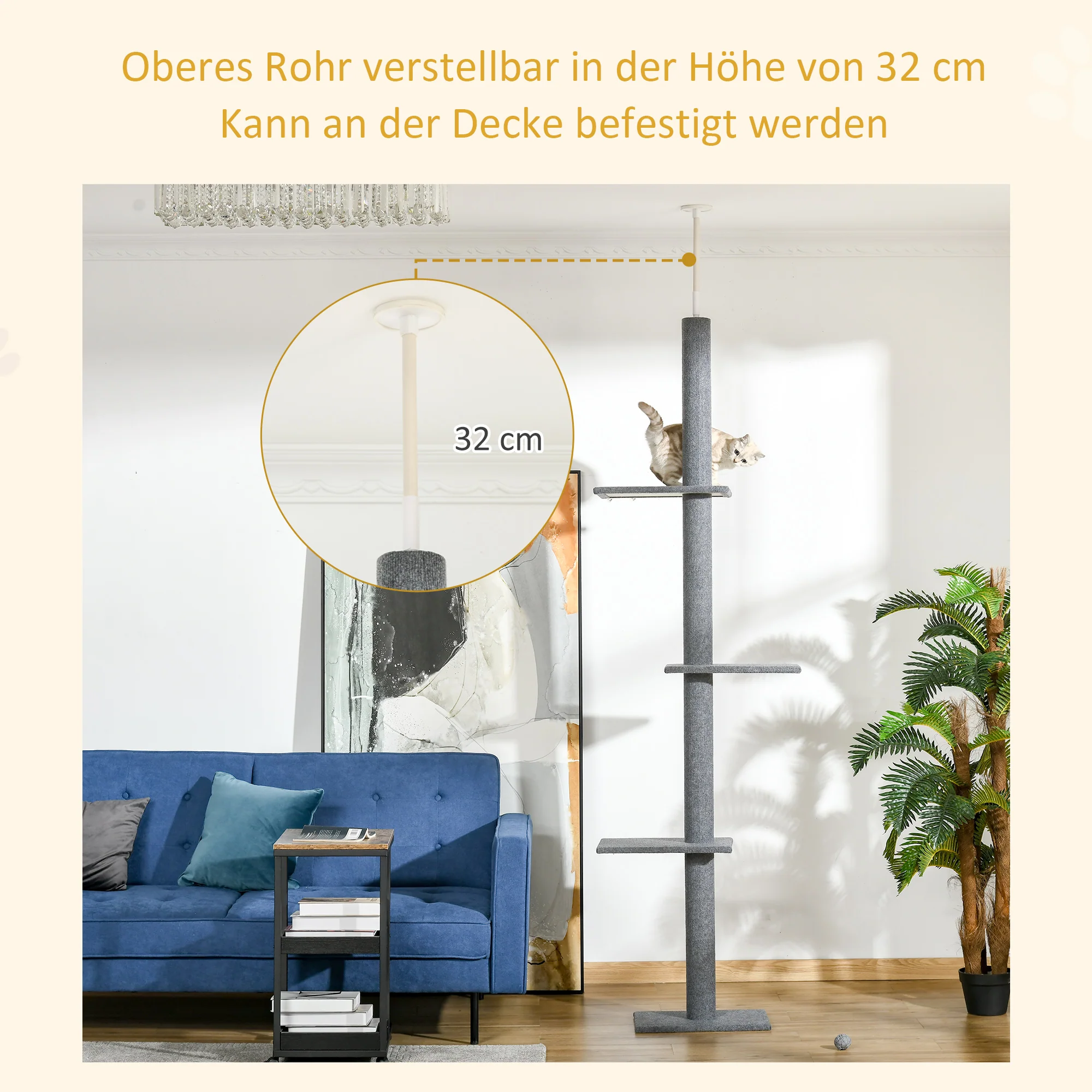 Cat Tree, Height-Adjustable Ceiling-High Climbing, Gray - Image 5