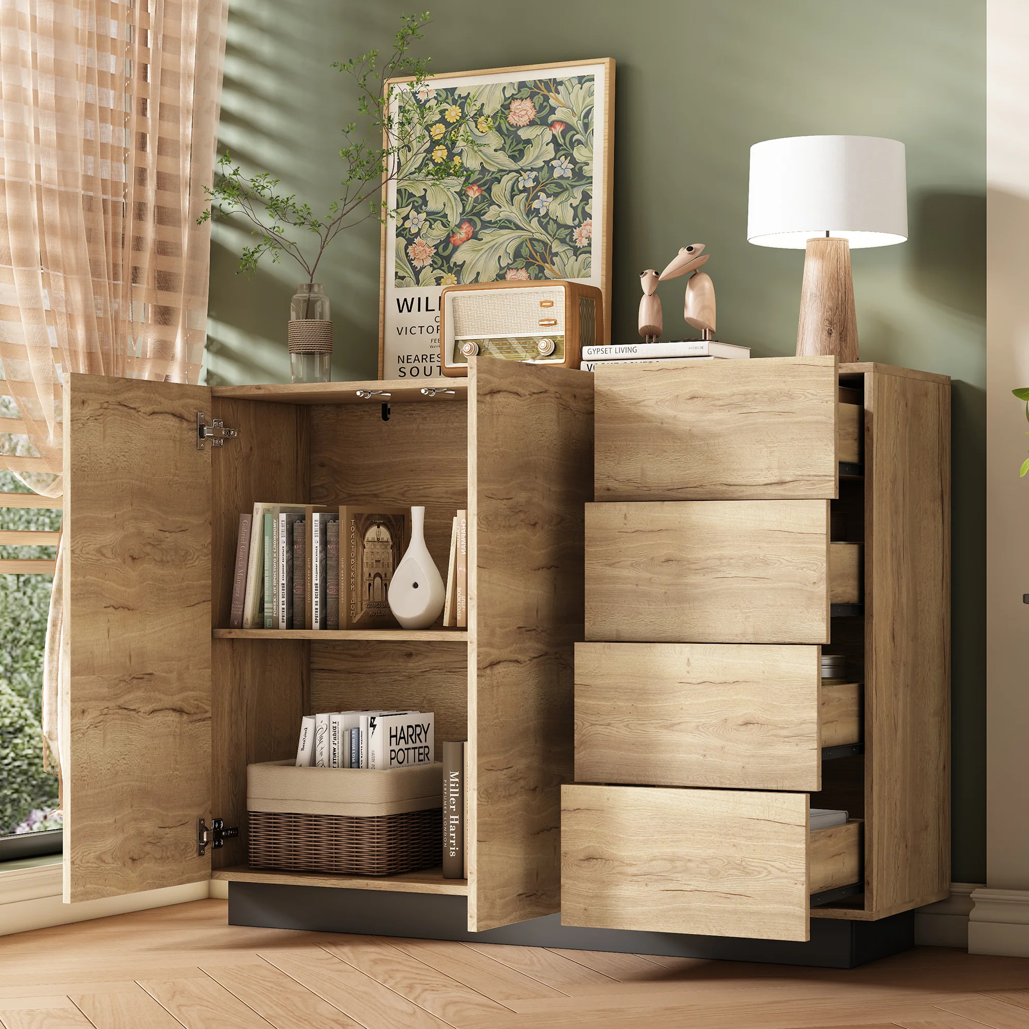 Chest of Drawers Sideboard Storage Cabinet 4 Drawers 2 Doors Black and Natural