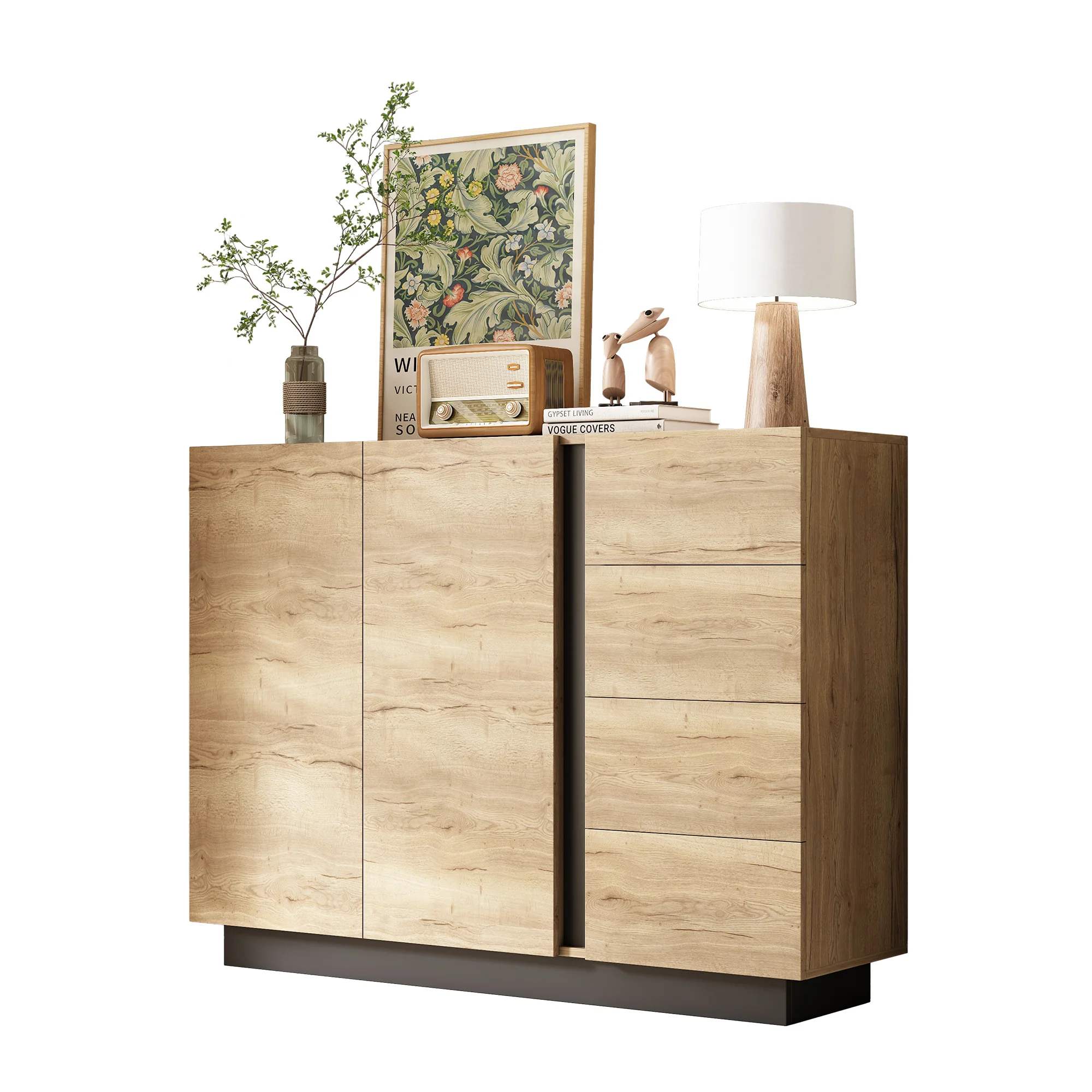 Chest of Drawers Sideboard Storage Cabinet 4 Drawers 2 Doors Black and Natural - Image 10