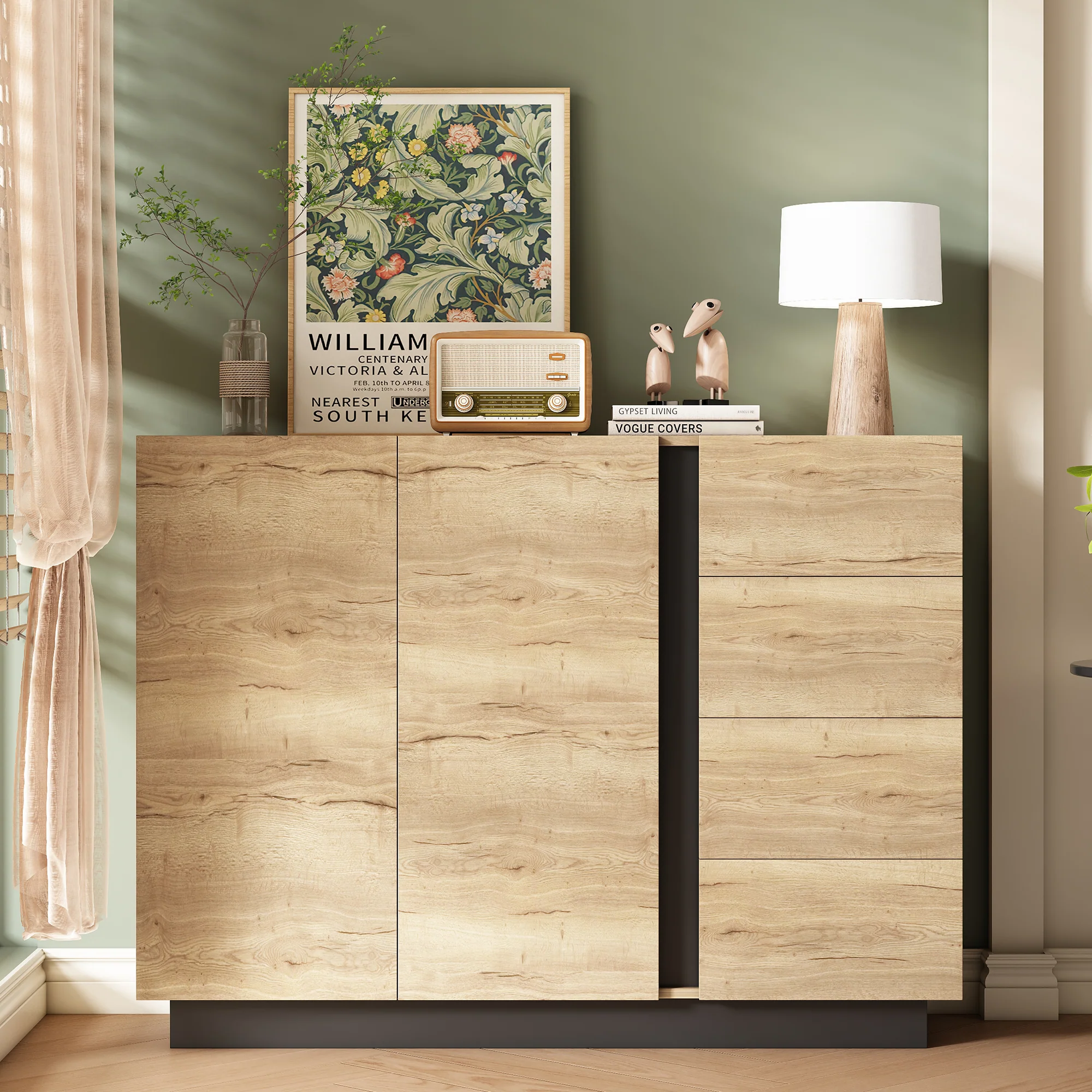 Chest of Drawers Sideboard Storage Cabinet 4 Drawers 2 Doors Black and Natural - Image 2