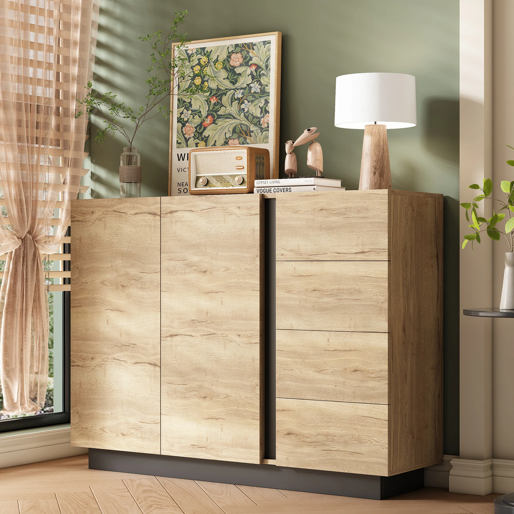 Chest of Drawers Sideboard Storage Cabinet 4 Drawers 2 Doors Black and Natural - Image 3