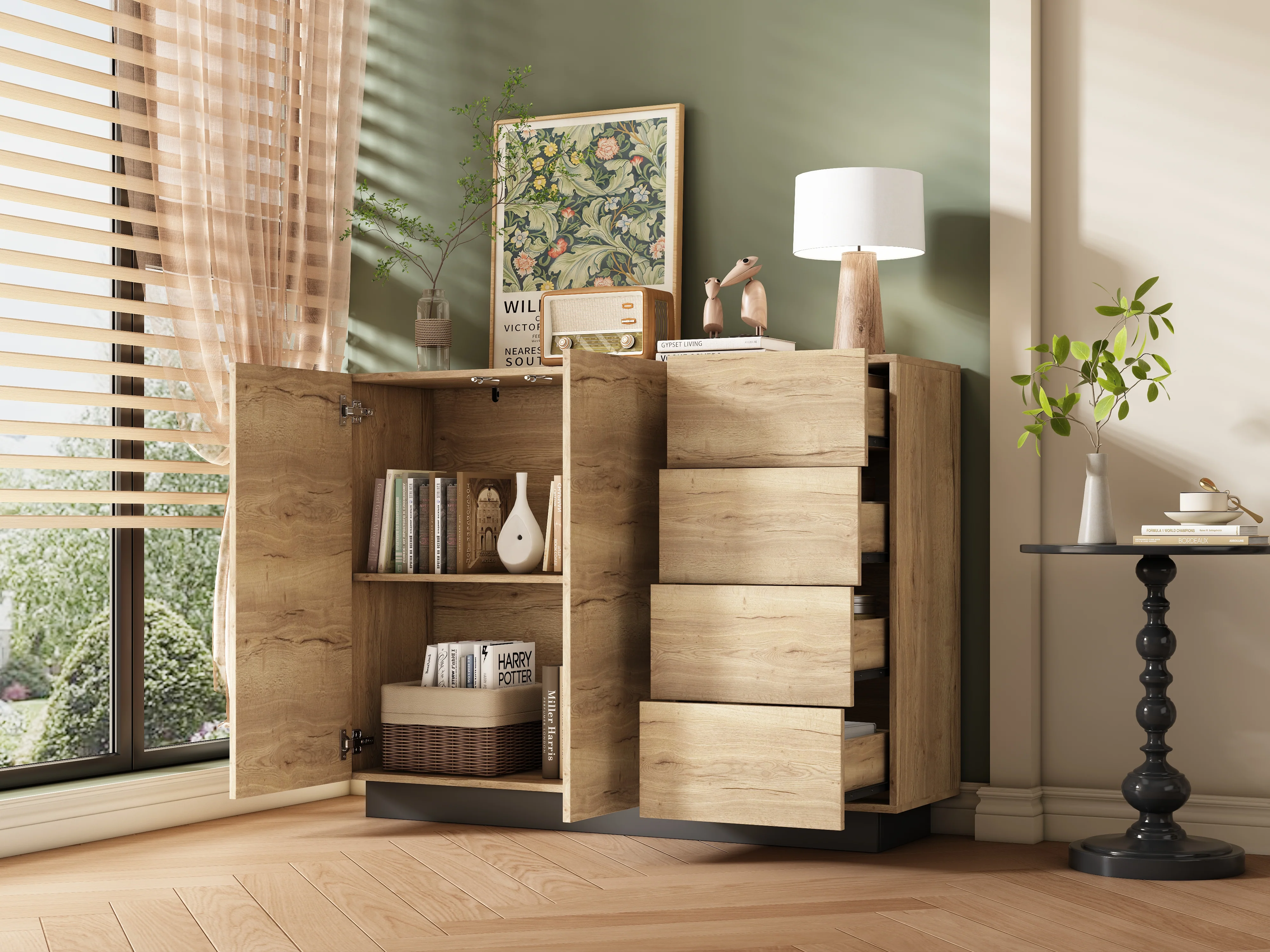 Chest of Drawers Sideboard Storage Cabinet 4 Drawers 2 Doors Black and Natural - Image 4