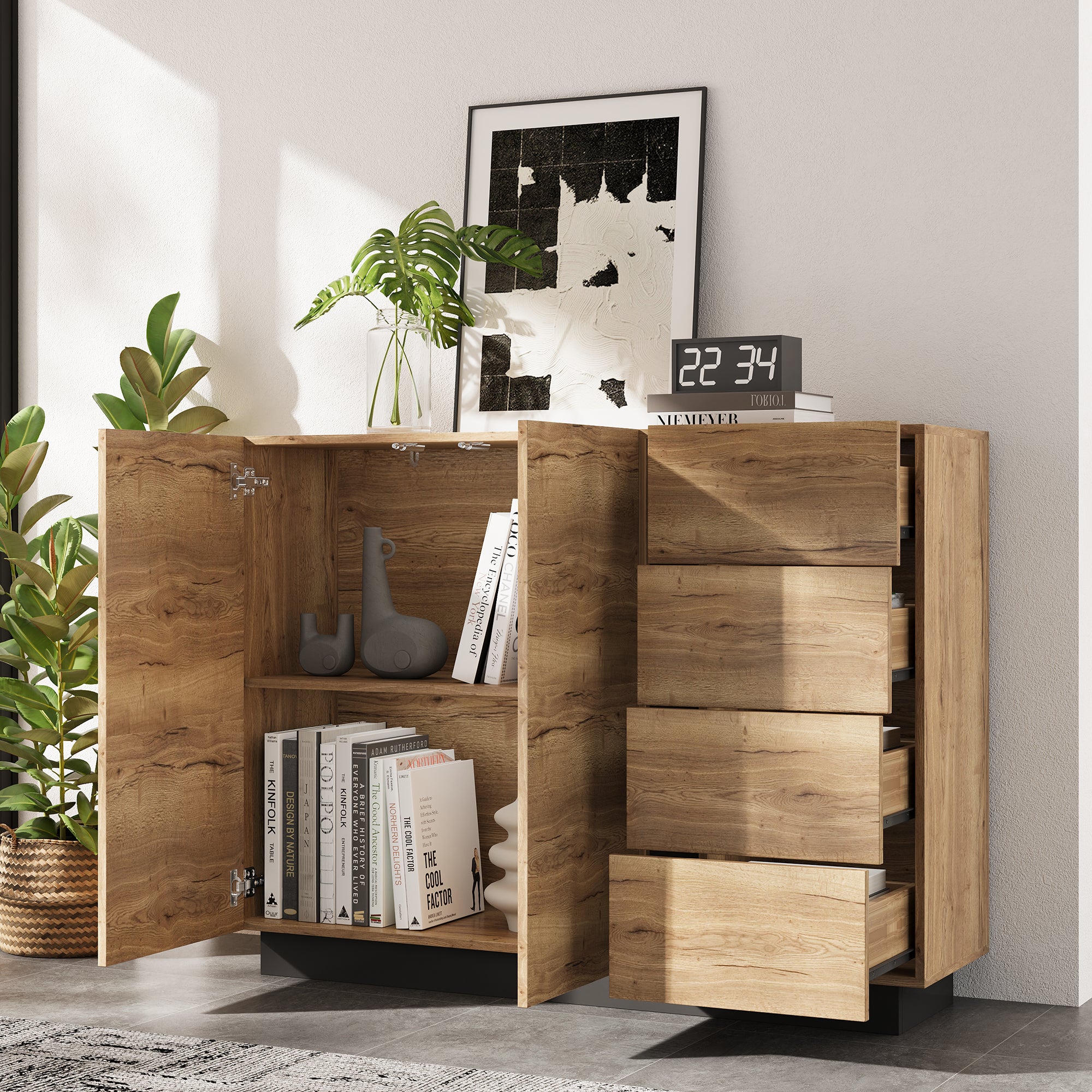 Chest of Drawers Sideboard Storage Cabinet 4 Drawers 2 Doors Black and Natural - Image 5