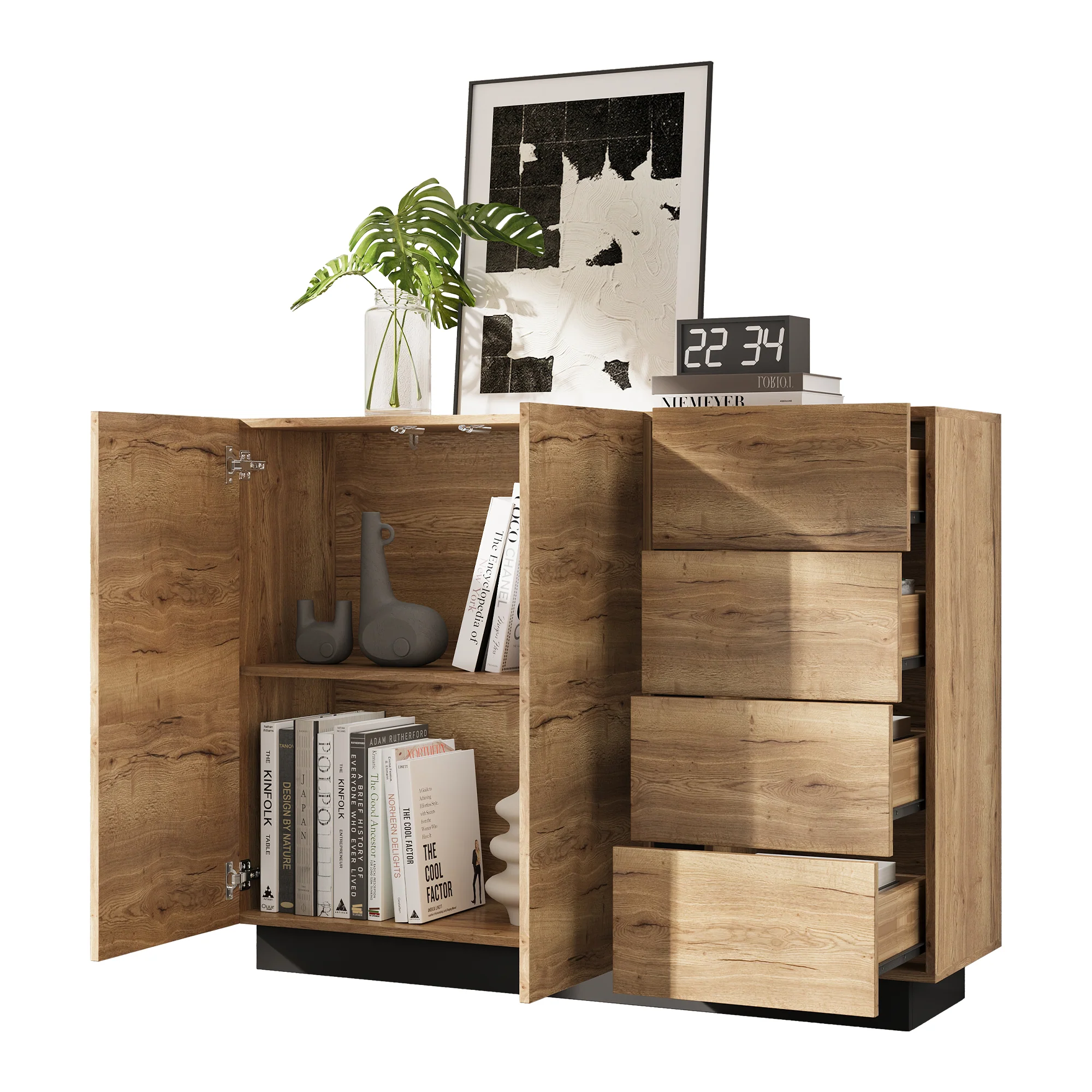 Chest of Drawers Sideboard Storage Cabinet 4 Drawers 2 Doors Black and Natural - Image 6