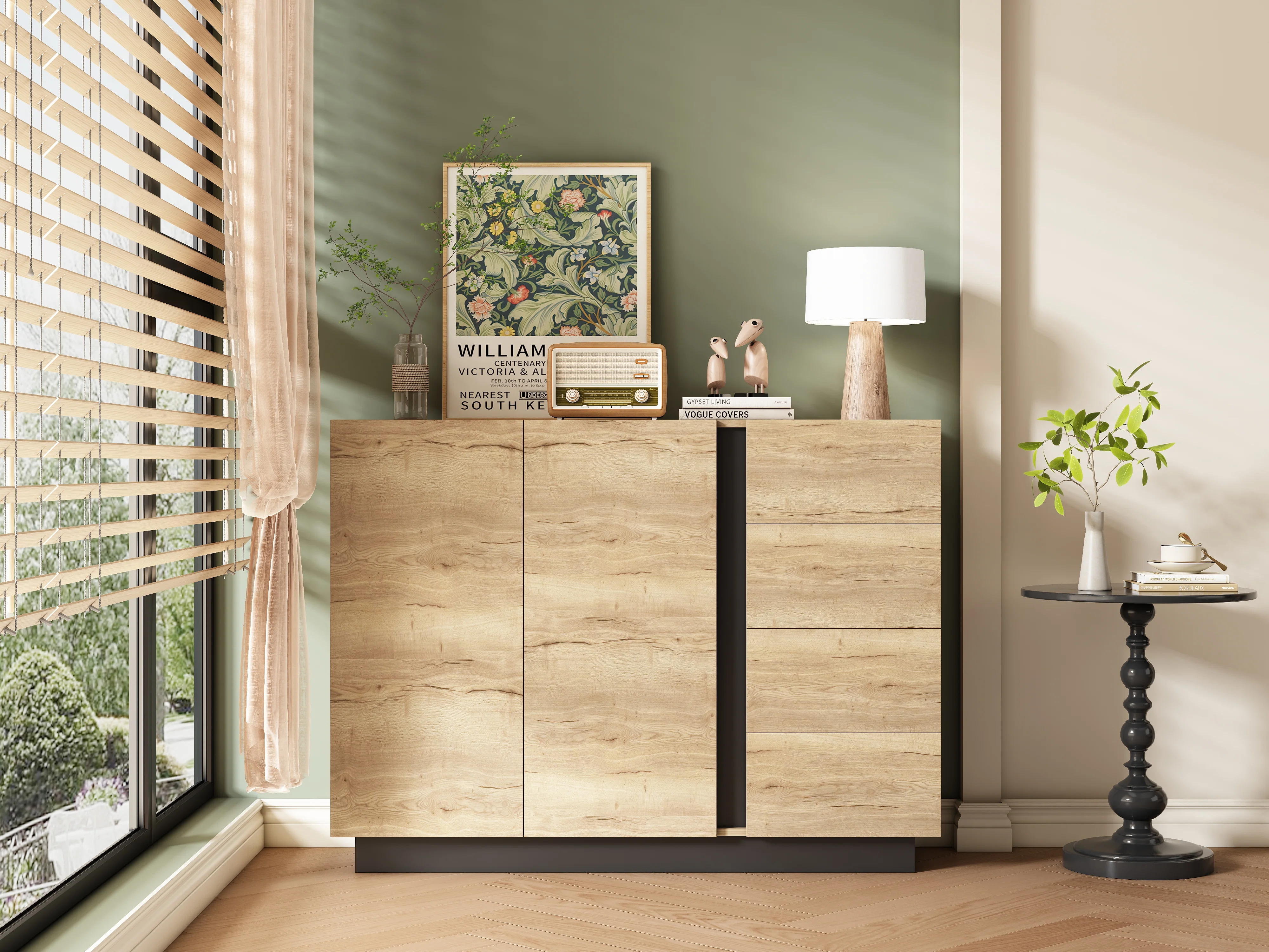 Chest of Drawers Sideboard Storage Cabinet 4 Drawers 2 Doors Black and Natural - Image 7