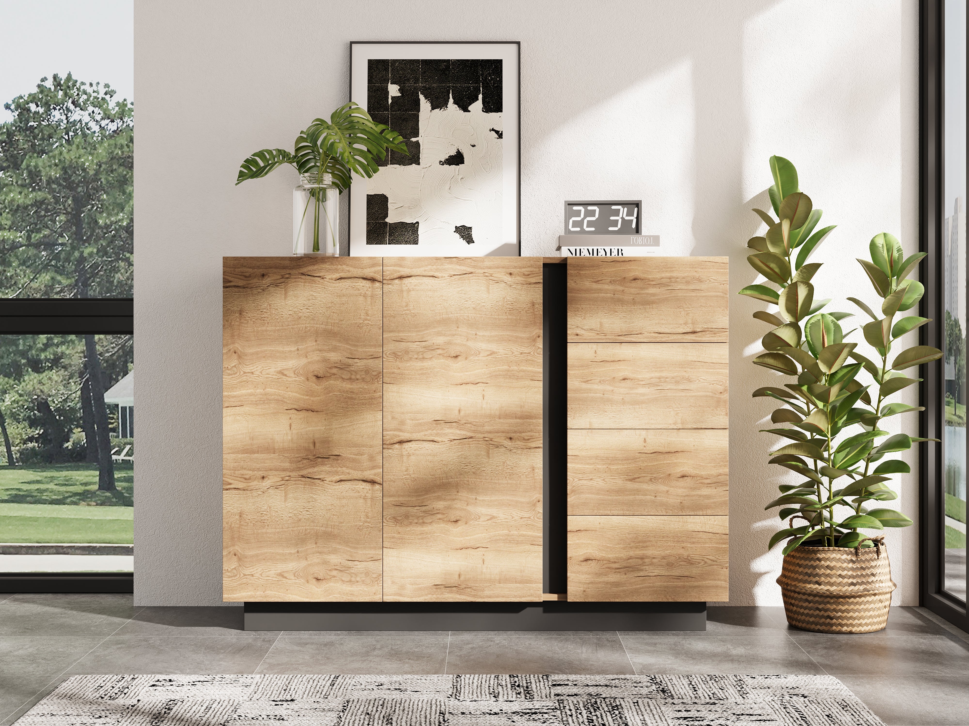 Chest of Drawers Sideboard Storage Cabinet 4 Drawers 2 Doors Black and Natural - Image 8