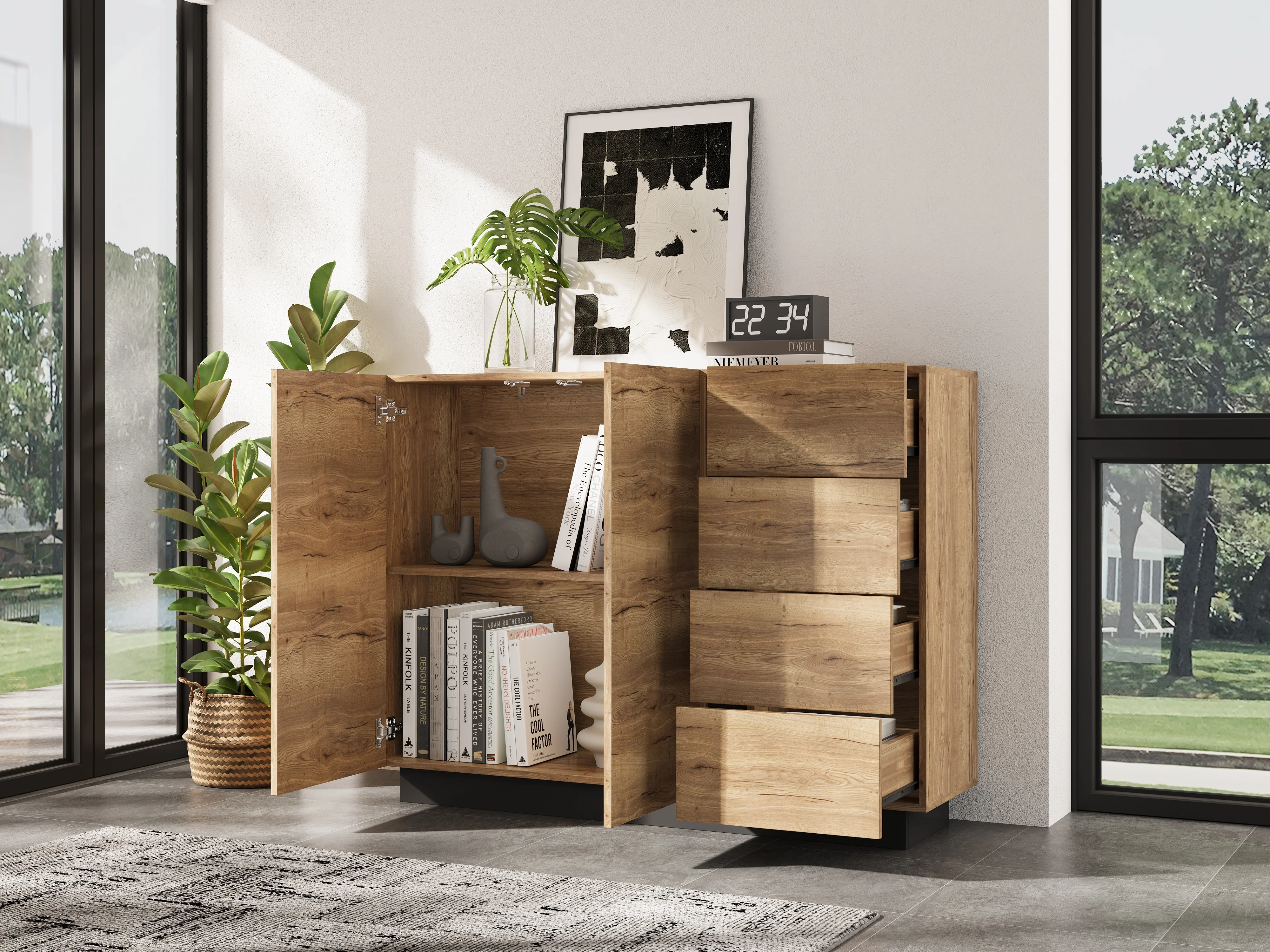 Chest of Drawers Sideboard Storage Cabinet 4 Drawers 2 Doors Black and Natural - Image 9