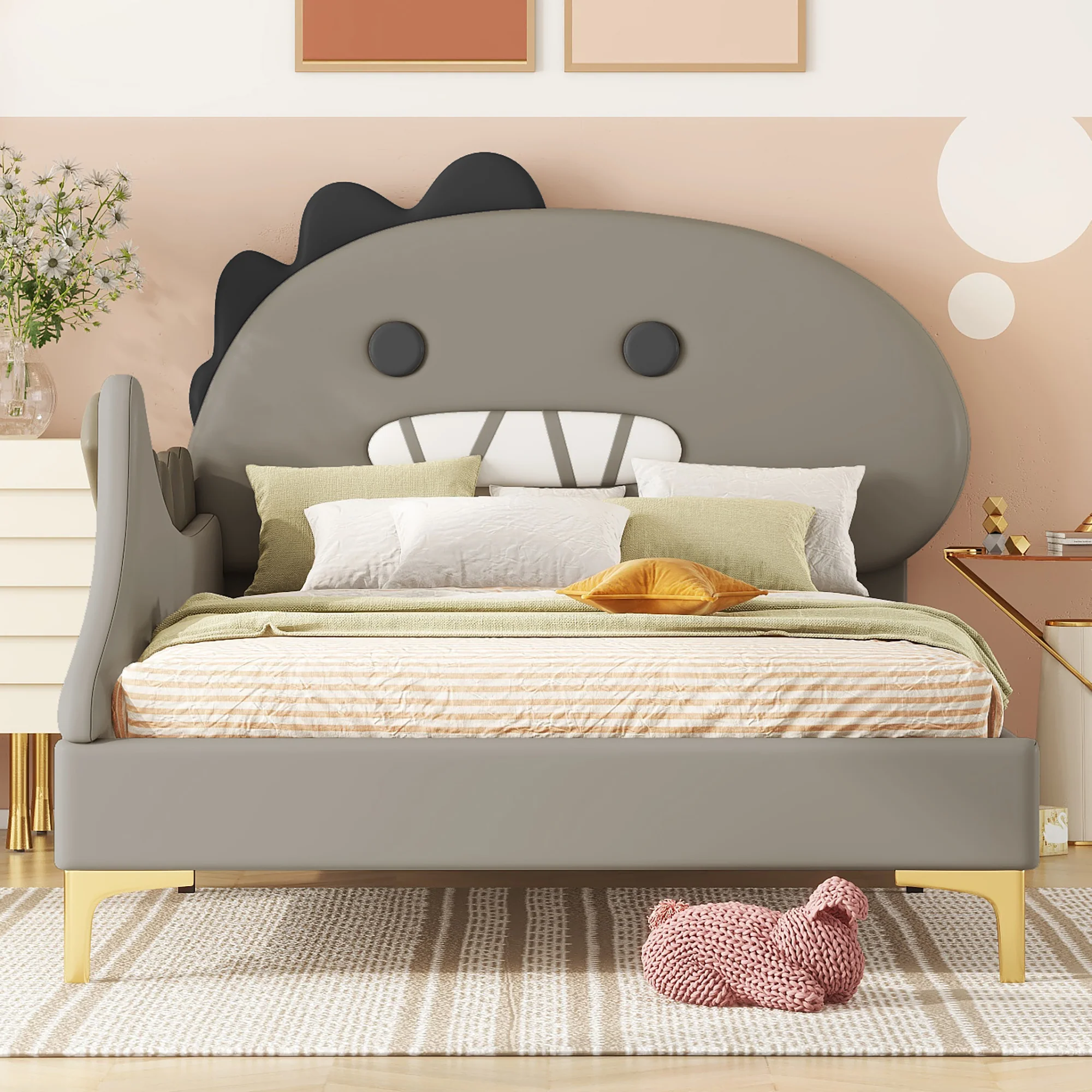 Children's Bed 90x200cm Dinosaur Shape Flat Bed - PU Grey